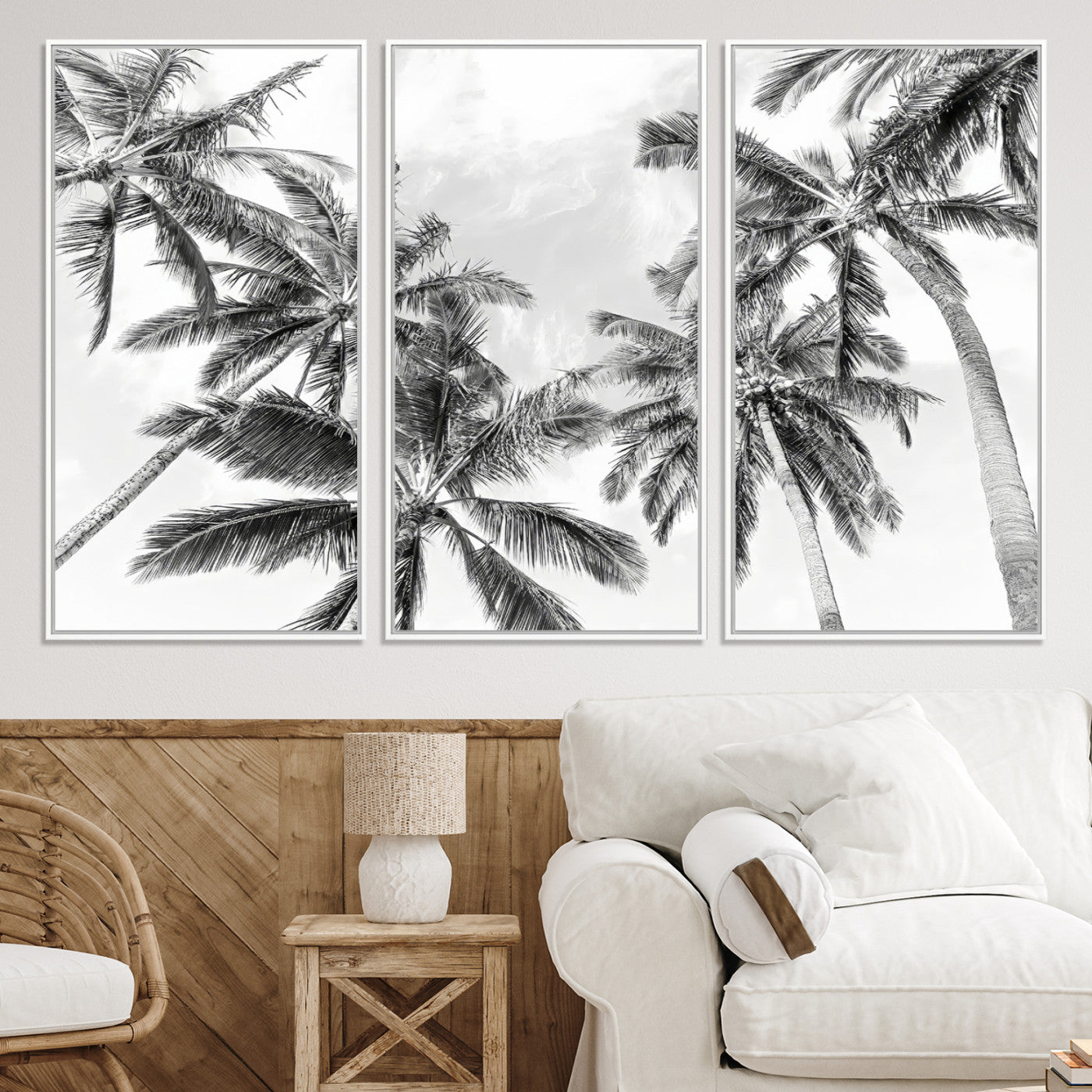 62113786-MGV-CV-36X24-Black and White Palm Wall Art Canvas Print – Framed Monochrome Tropical Beach Scene Artwork for Modern Home, Office Decor