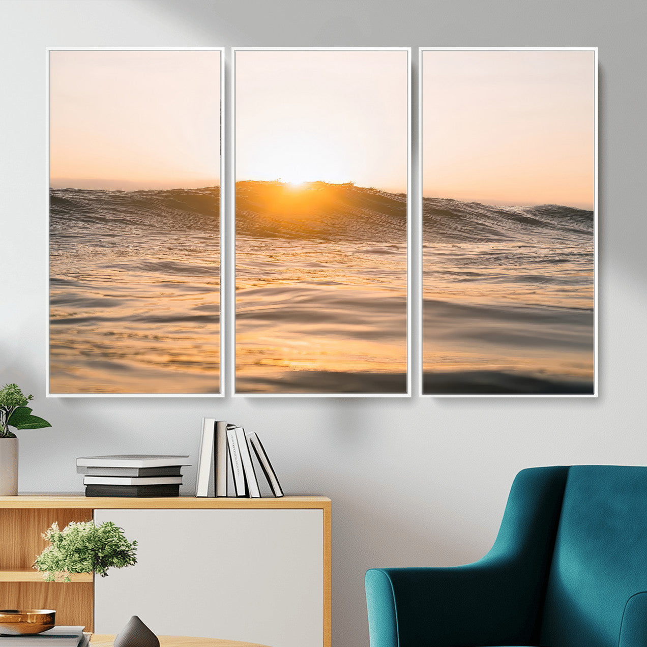 16973771-MGV-CV-36X24-Calm Water Wall Art – Framed Sunset Waves Canvas Artwork, Coastal Warm Design, Minimal Ocean Decor for Home, Office