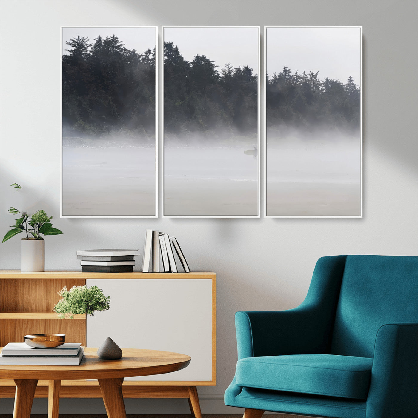 59703275-MGV-CV-36X24-Surfer Fog Wall Art Canvas Print – Framed Foggy Beach Scene with Coastal Surf Artwork for Home, Office, Living Room