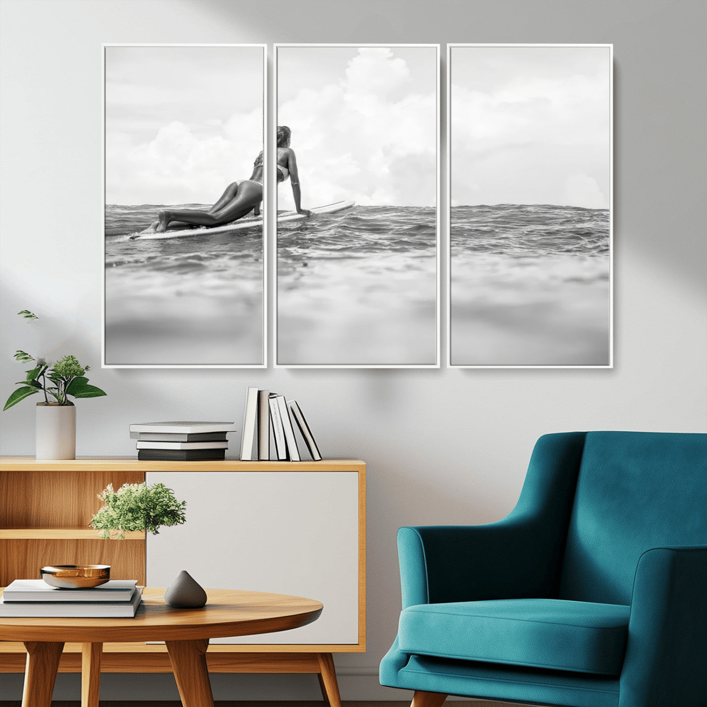 69798068-MGV-CV-36X24-Black and White Surfing Wall Art Canvas Print – Framed Ocean Horizon with Surfer Girl Coastal Adventure Artwork for Home, Office