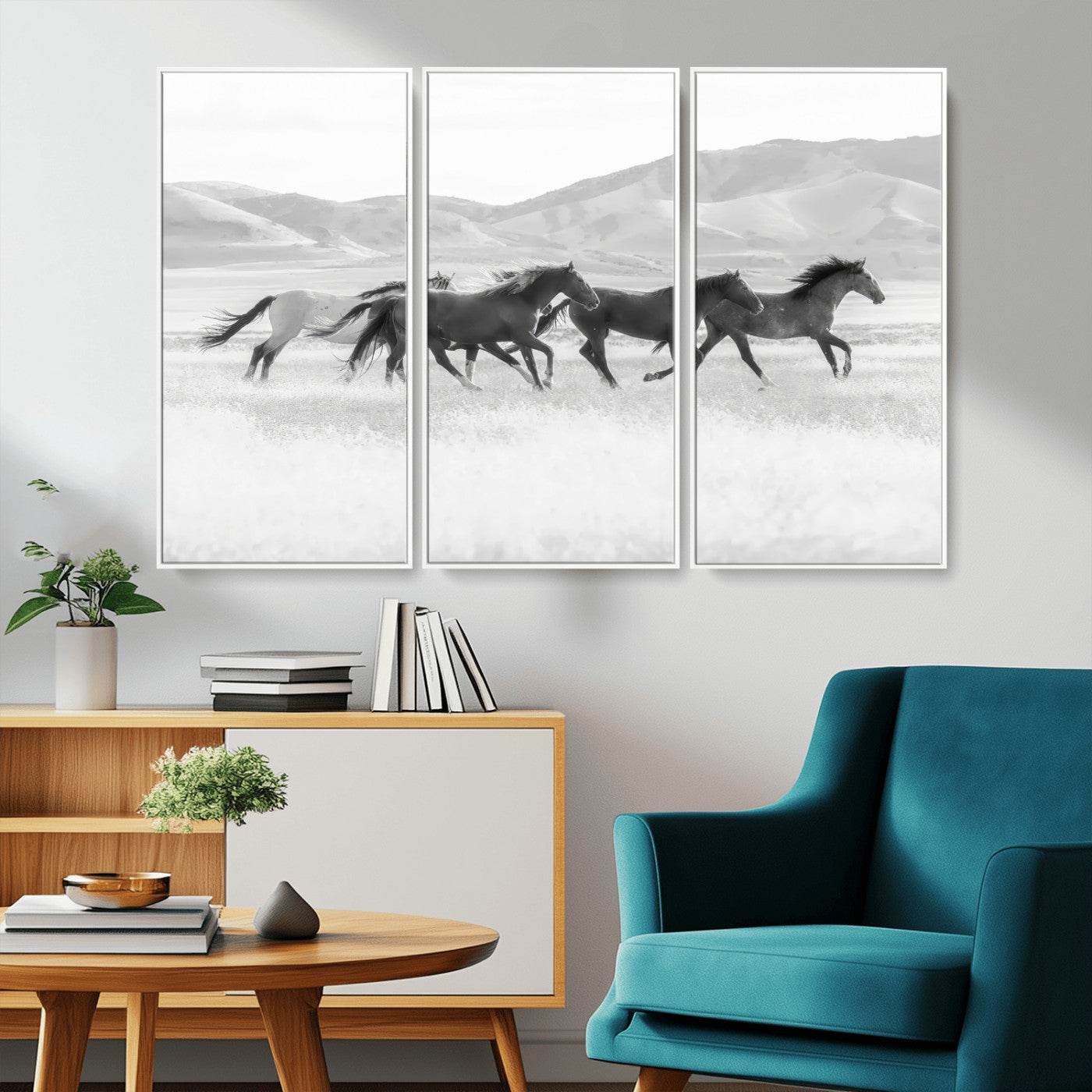 MGV-FC-48X32-3P - Wild Horses Wall Art – Black & White Canvas Print of Herd Running, Nature in Motion, Freedom & Beauty Decor for Guest Room, Office or Living Room