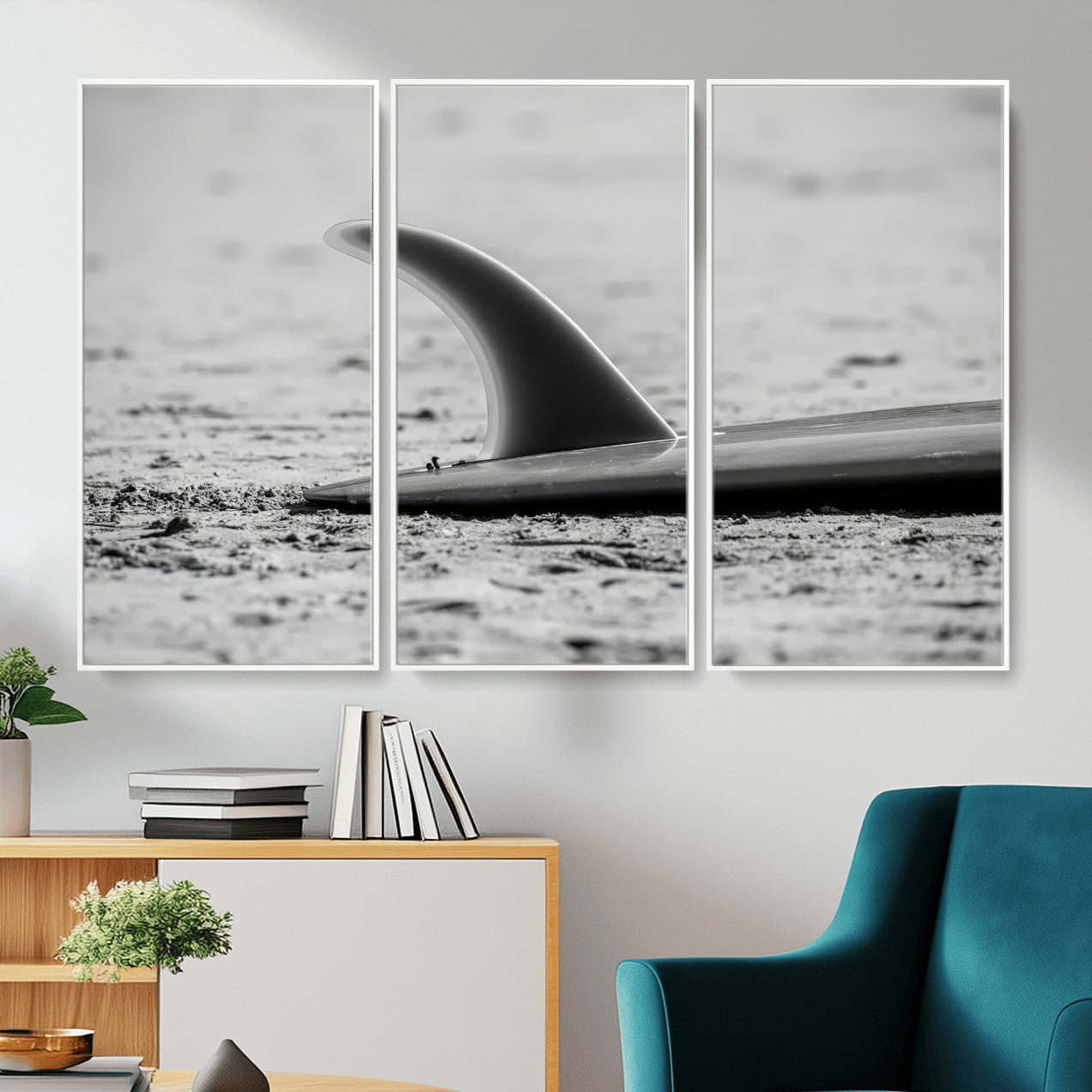 MGV-FC-48X32-3P - Black White Surfboard Wall Art Canvas Print, Framed Minimalist Beach Art Picture Print, Surf Fin Perfect Minimalist Coastal Decor Artwork