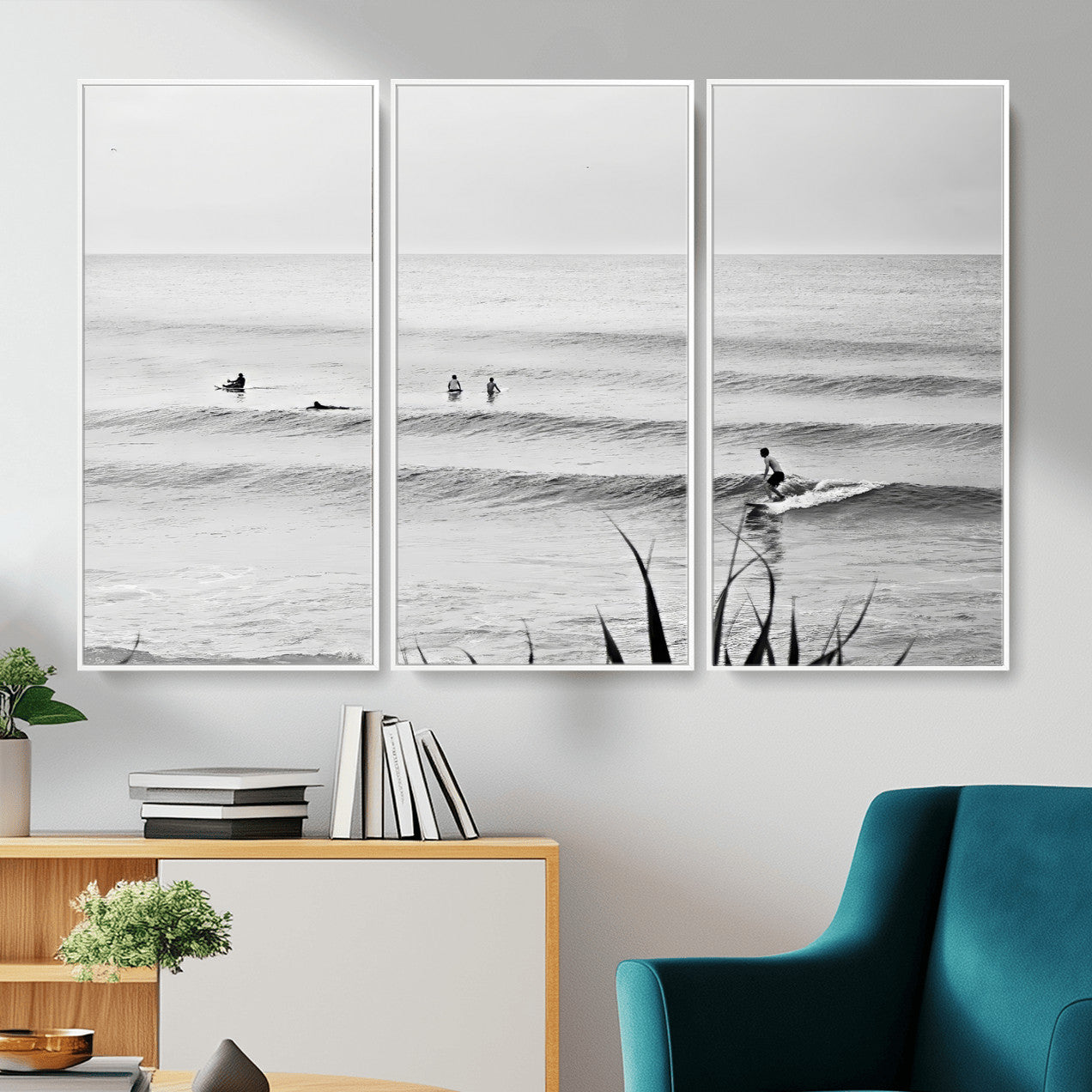 33821421-MGV-CV-36X24 - Surfer Silhouette Wall Art Canvas Print, Framed Calm Ocean Art Picture Print, Monochrome Surf Minimalist Coastal Decor Artwor