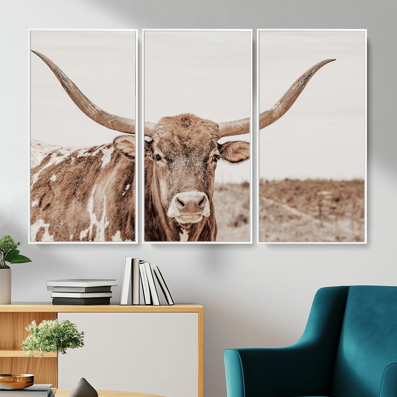 39964150-MGV-CV-36X24 - Longhorn Cow Wall Art Canvas Print, Texas Ranch Print, Framed Western Bull Art Print, Large BigHorn Cowboy Printing Perfect for County Decor
