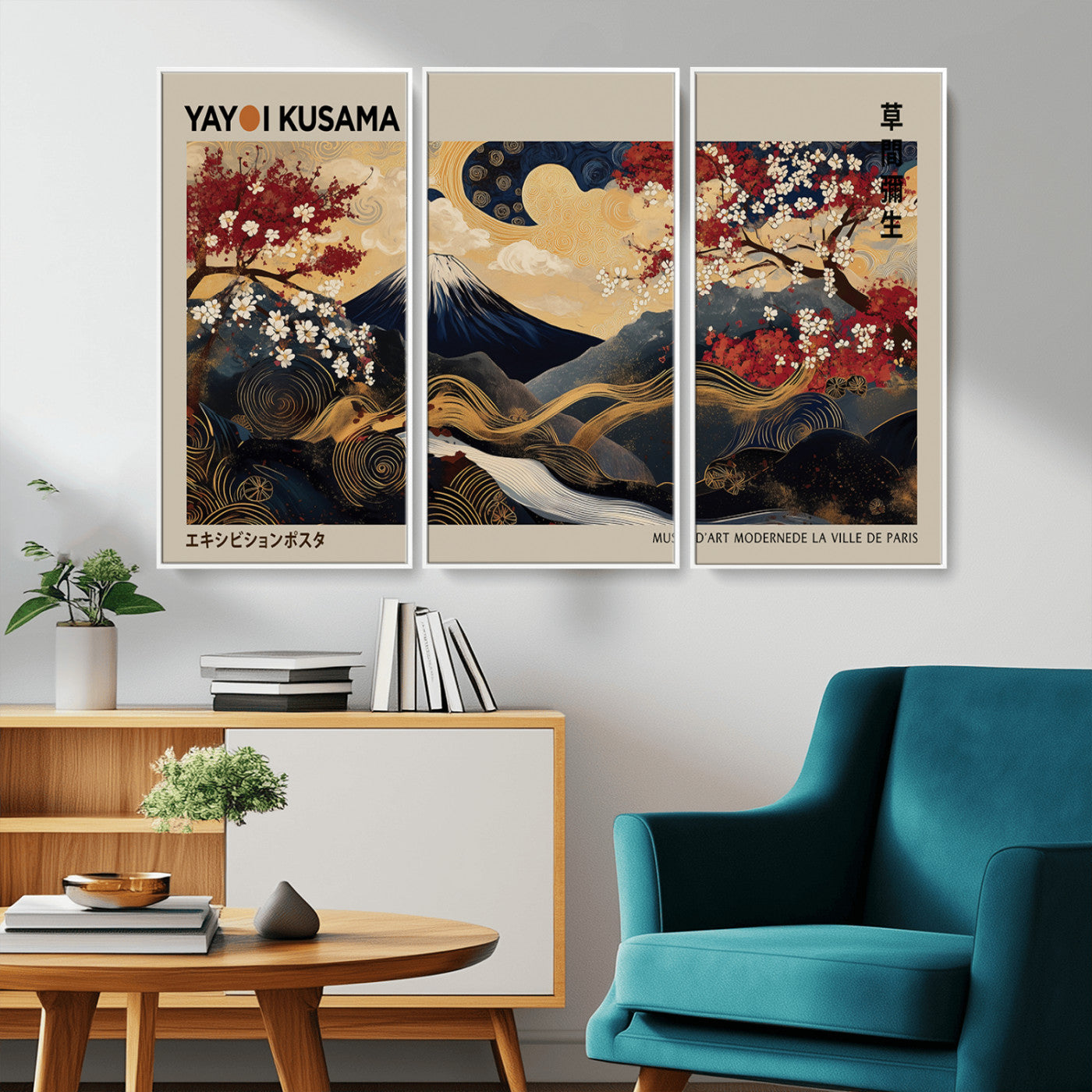 54967195-MGV-CV-36X24-Modern Japanese Wall Art Canvas Print – Framed Abstract Mount Fuji Scene with Yayoi Kusama Japanese Artwork for Home, Office