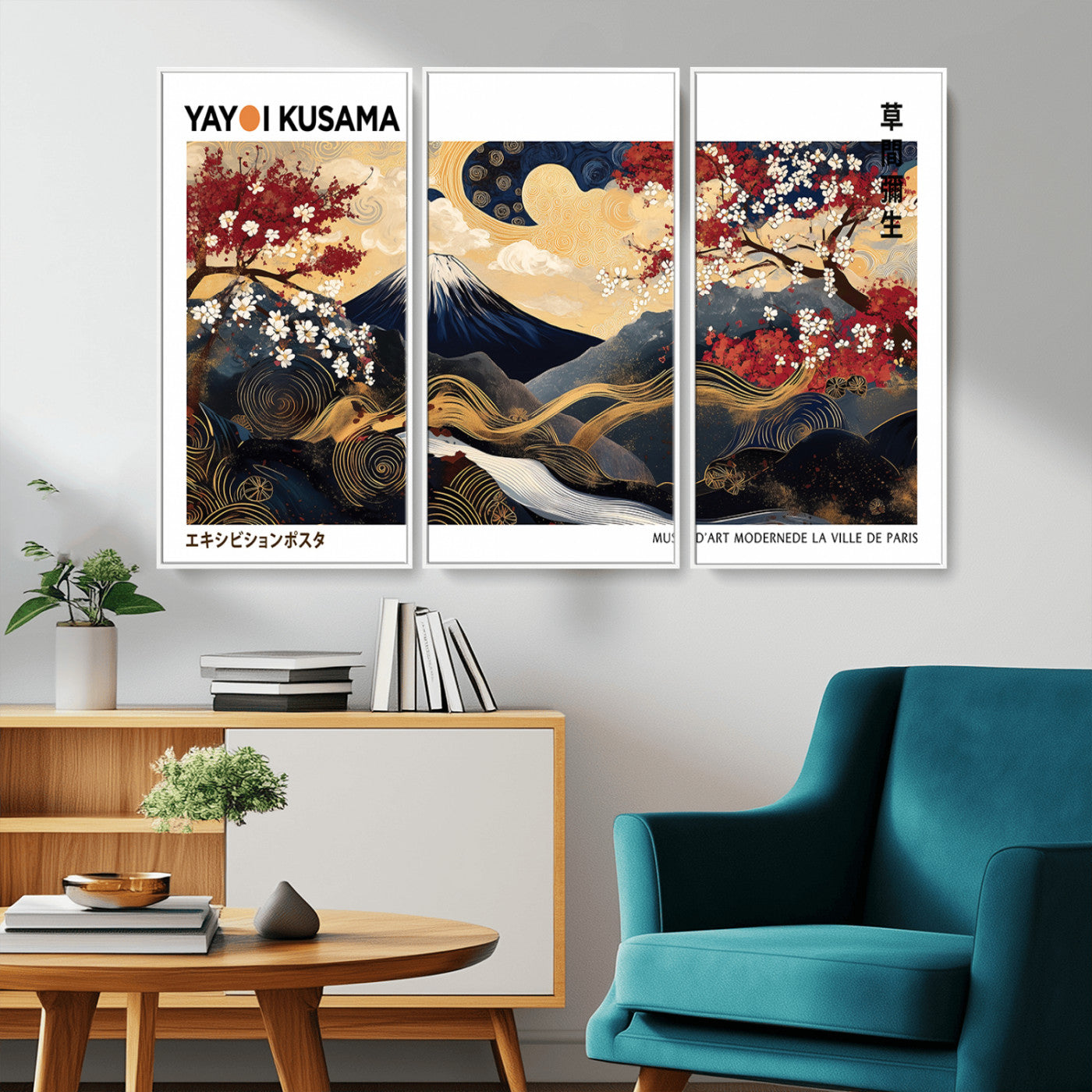 66243961-MGV-CV-36X24-Modern Mount Fuji Wall Art Canvas Print – Framed Abstract Mount Fuji Scene with Yayoi Kusama Artwork for Home, Office