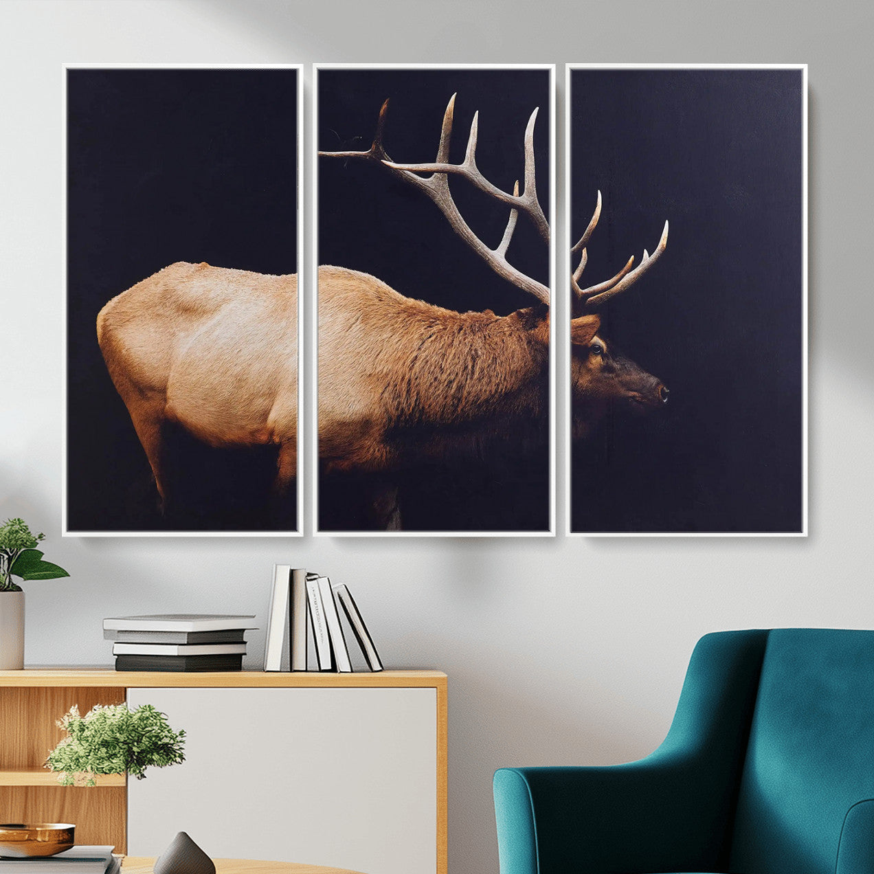 89239257-MGV-FC-48X32-3P - Rustic Elk Wall Art Canvas Print – Framed Moody Wildlife Art Picture Western Animal Artwork for Home, Office