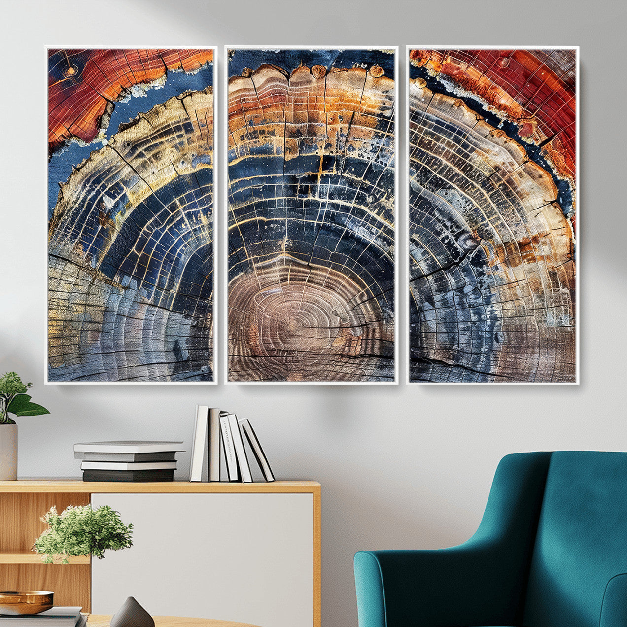 60292921-MGV-FC-48X32-3P - Vintage Tree Rings Wall Art Canvas Print – Framed Wood Art Picture Petrified Wood Artwork for Home, Office, Living Room