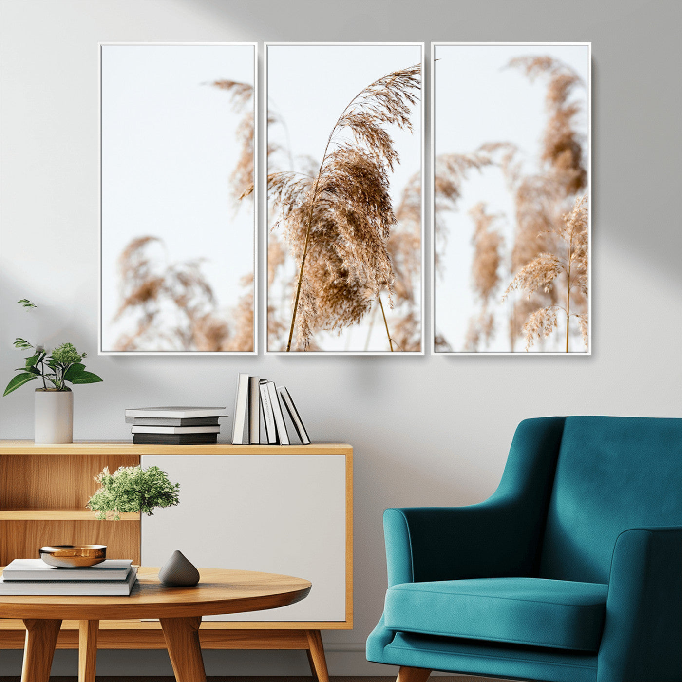 -Pampas Grass Wall Art Canvas Print – Framed Neutral Tones Minimalist Nature Boho Scene Artwork for Home Office