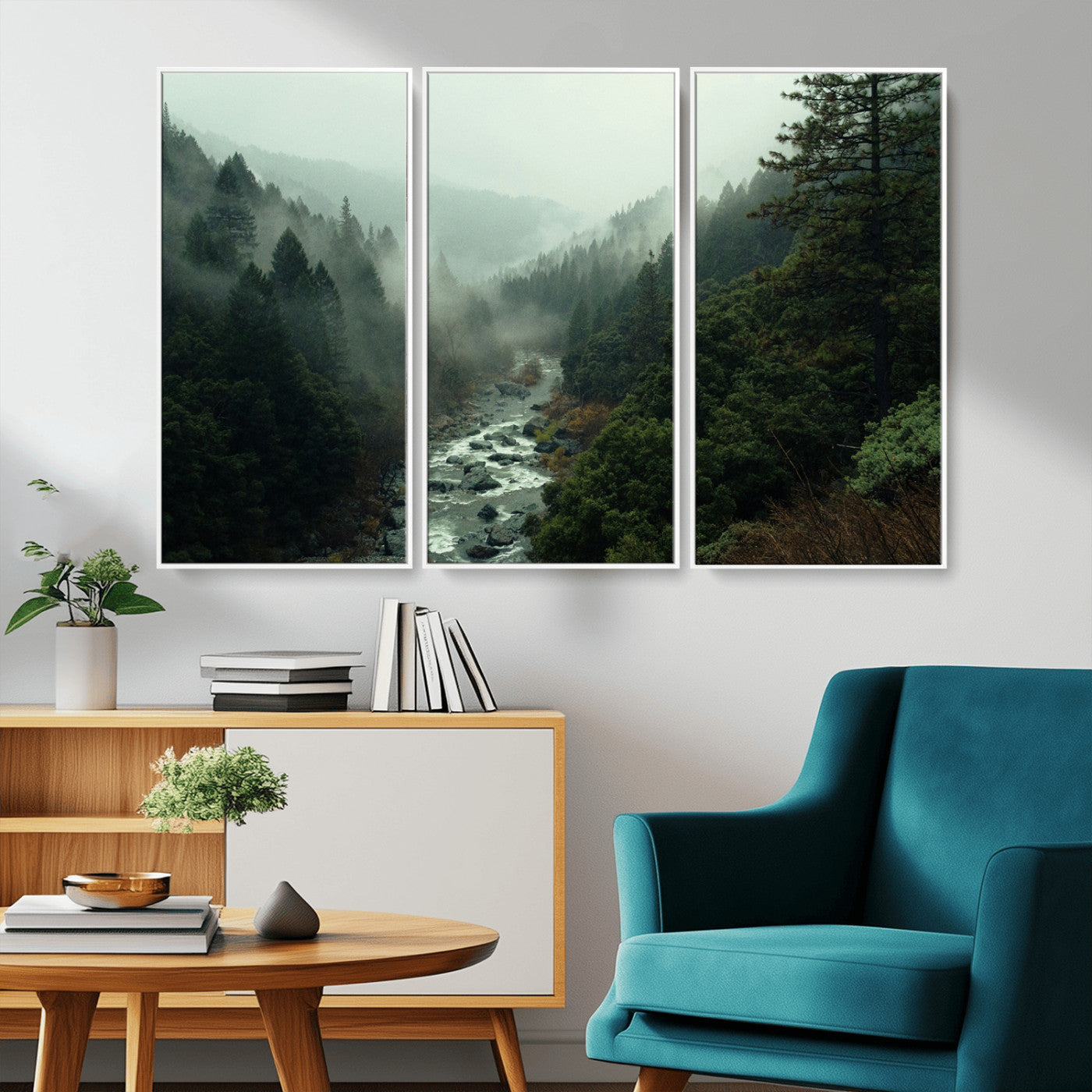 -Misty Forest Wall Art Canvas Print – Framed Foggy River Moody Landscape Wilderness Nature Scene Artwork for Home Office