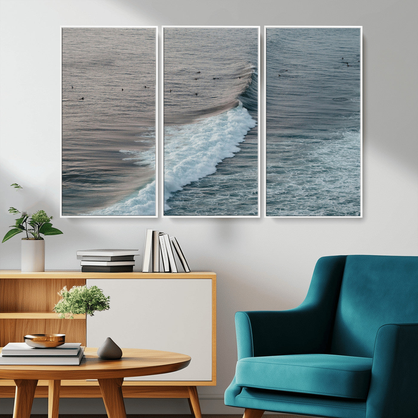 23077324-MGV-FC-48X32-3P_White-Ocean Waves Wall Art Canvas Print – Framed Coastal Serenity Surf Nature Scene Artwork for Home Office