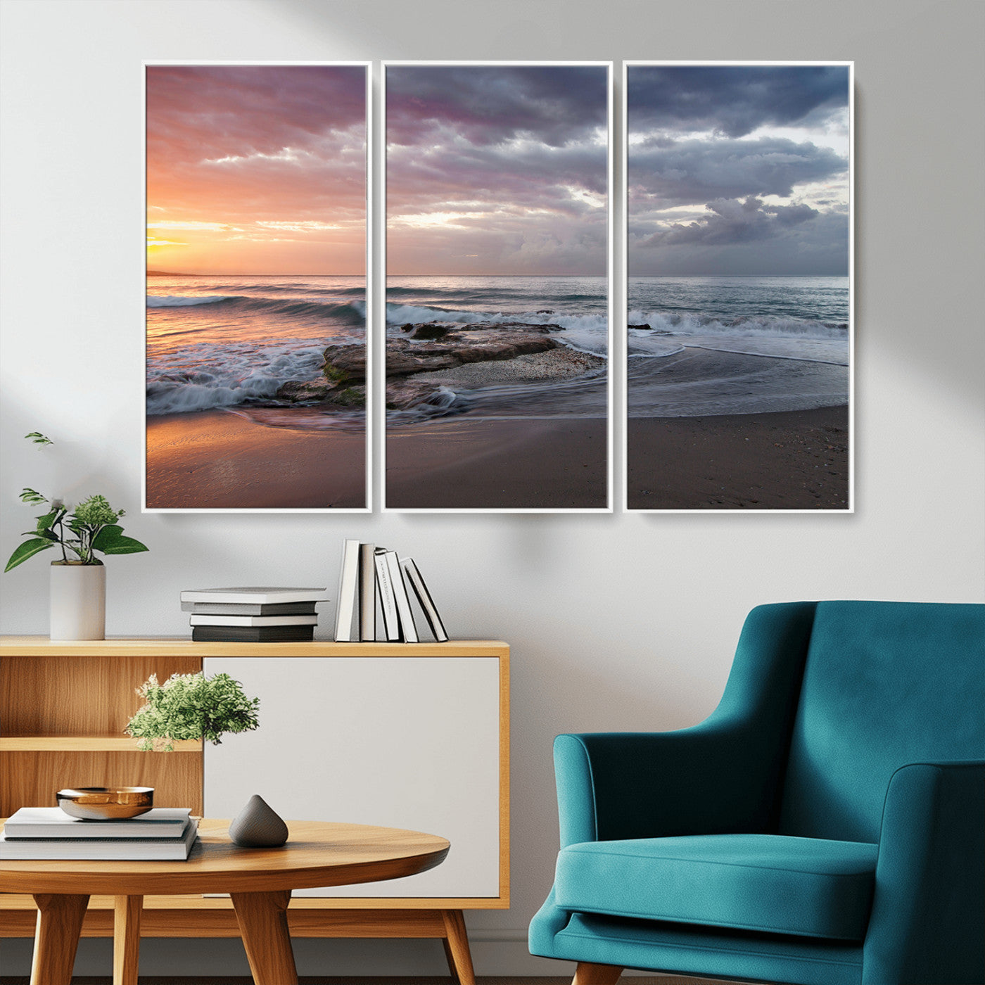 -Golden Hour Wall Art Canvas Print – Framed Tranquil Waves Beach Coastal Serenity Nature Scene Artwork for Home Office