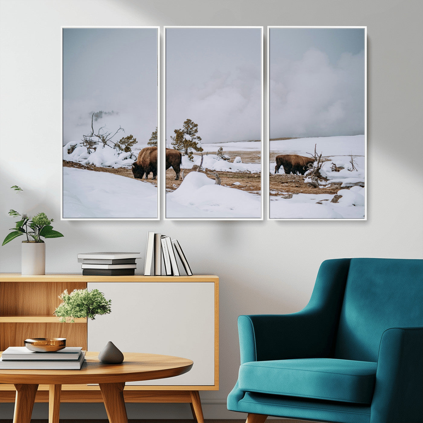 -Bison Wildlife Wall Art Canvas Print – Framed Snowy Prairie Western Rustic Nature Scene Artwork for Home Office