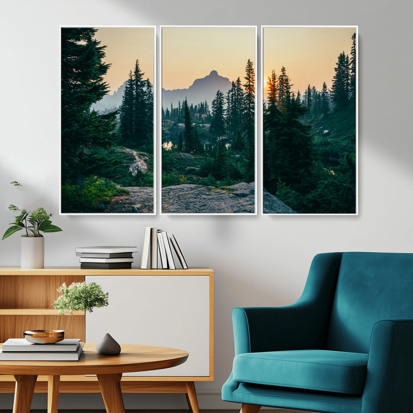 66397982-MGV-FC-48X32-3P_White-Mountain Wall Art Canvas Print – Framed Forest Serenity Mountain Nature Scene Artwork for Home Office