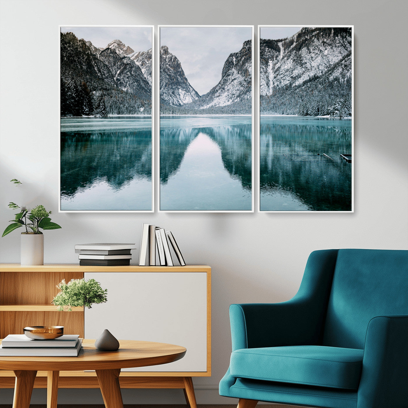73098373-MGV-CV-36X24-Mountain Lake Wall Art Canvas Print – Framed Snowy Peaks Wonderland Nature Scene Artwork for Home Office