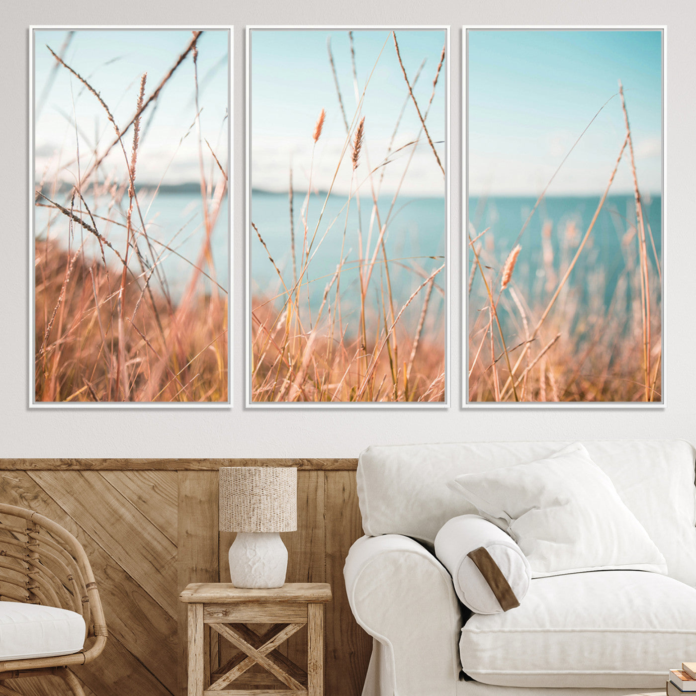 36108696-MGV-CV-36X24-Coastal Grass Landscape Wall Art Canvas Print – Golden Shoreline Nature Scene Serene Ocean View Artwork for Home Office