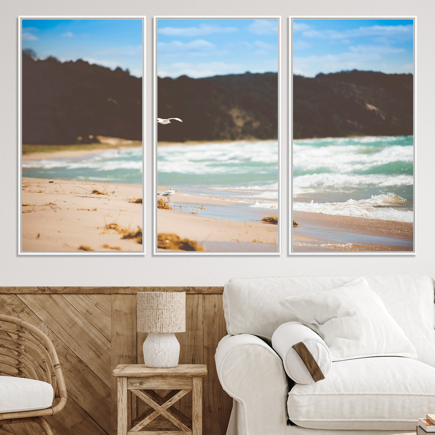 -Tranquil Beach Scene Wall Art Canvas Print – Framed Blue Ocean Waves Sandy Shore Coastal Nature Artwork for Home Office