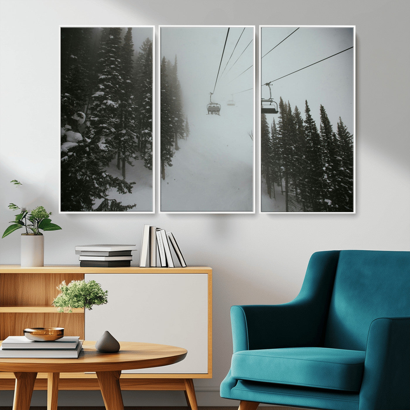 87018452-MGV-FC-48X32-3P_White-Ski Lift Wall Art Canvas Print – Snowy Pines Misty Landscape Winter Serenity Artwork for Home, Office Decor