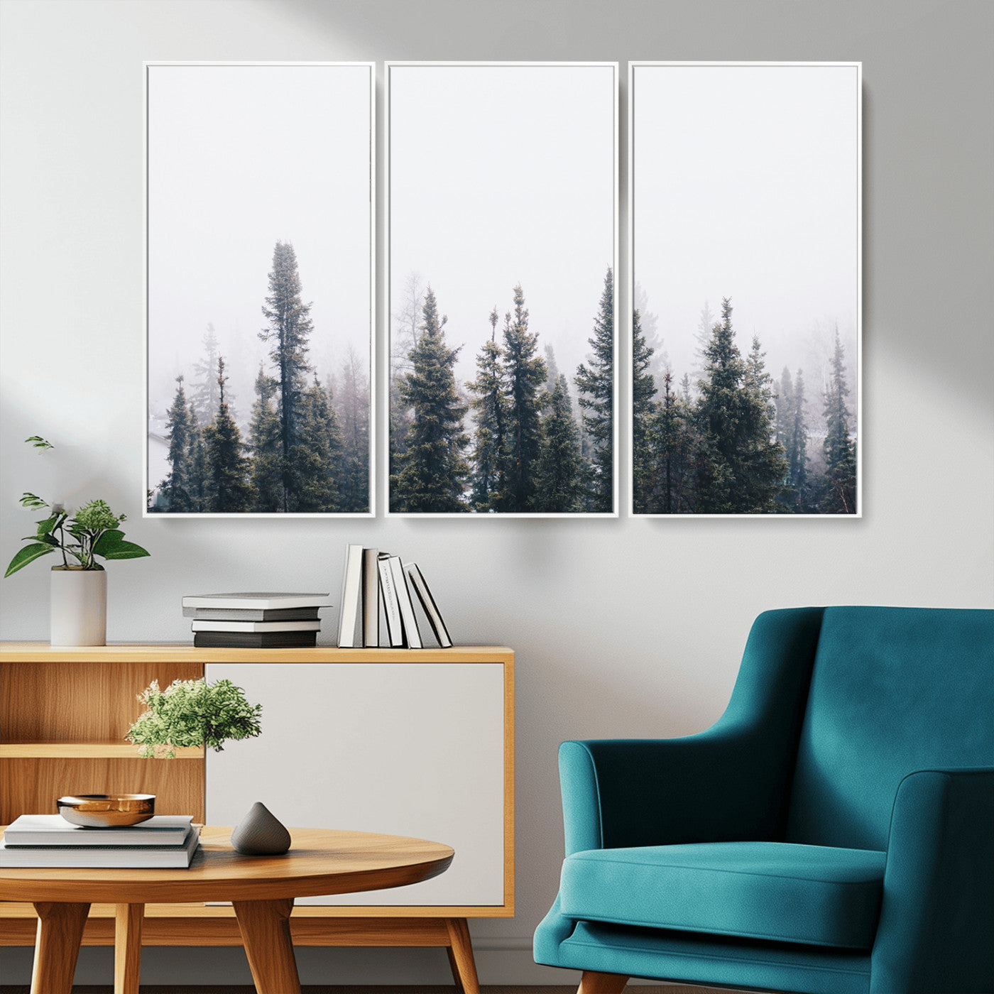 -Foggy Forest Wall Art Canvas Print – Framed Misty Pines Moody Woodland Nature Scene Artwork for Home Office