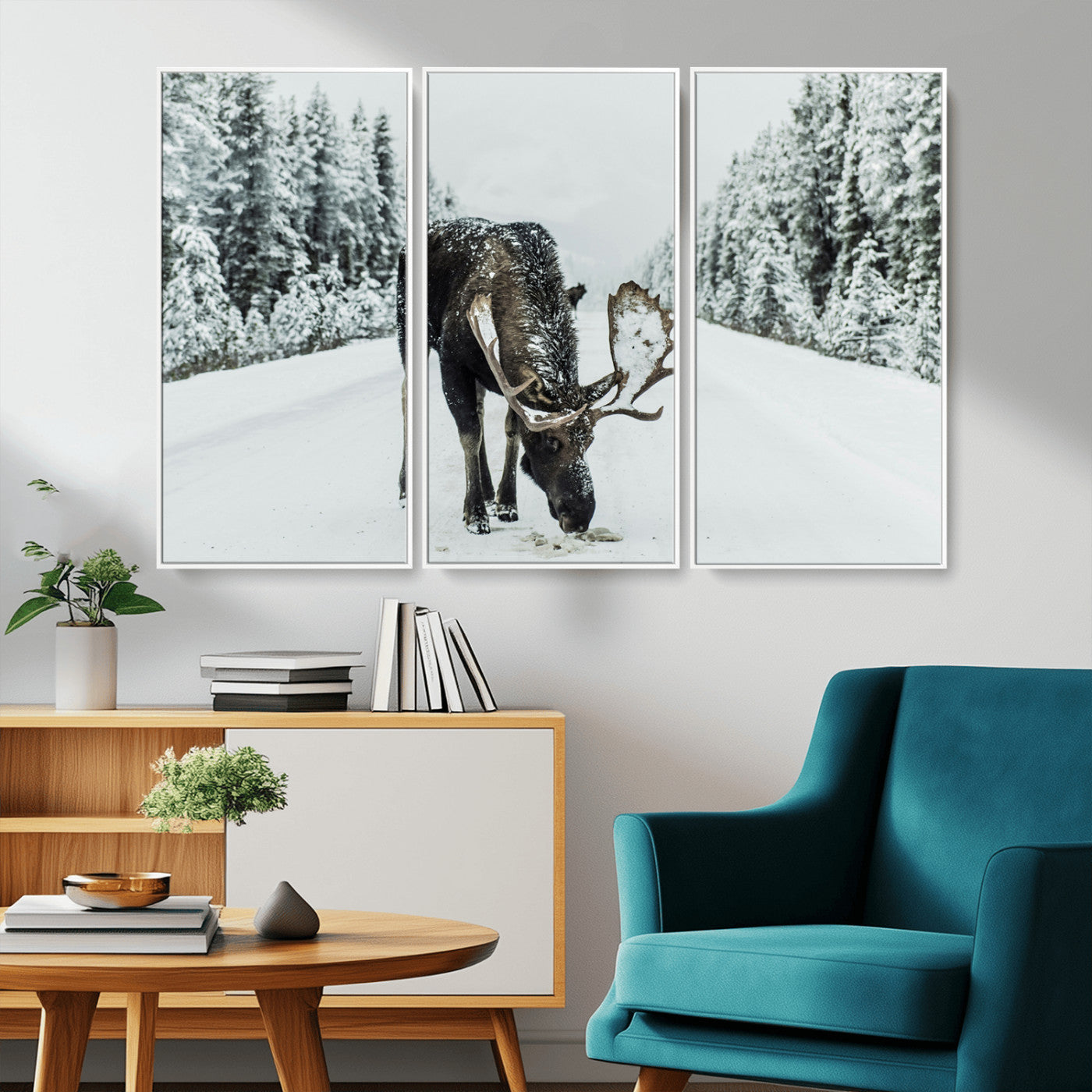 -Moose Snow Wall Art Canvas Print – Framed Winter Wildlife Snowy Forest Nature Scene Artwork for Home, Office, Living Room
