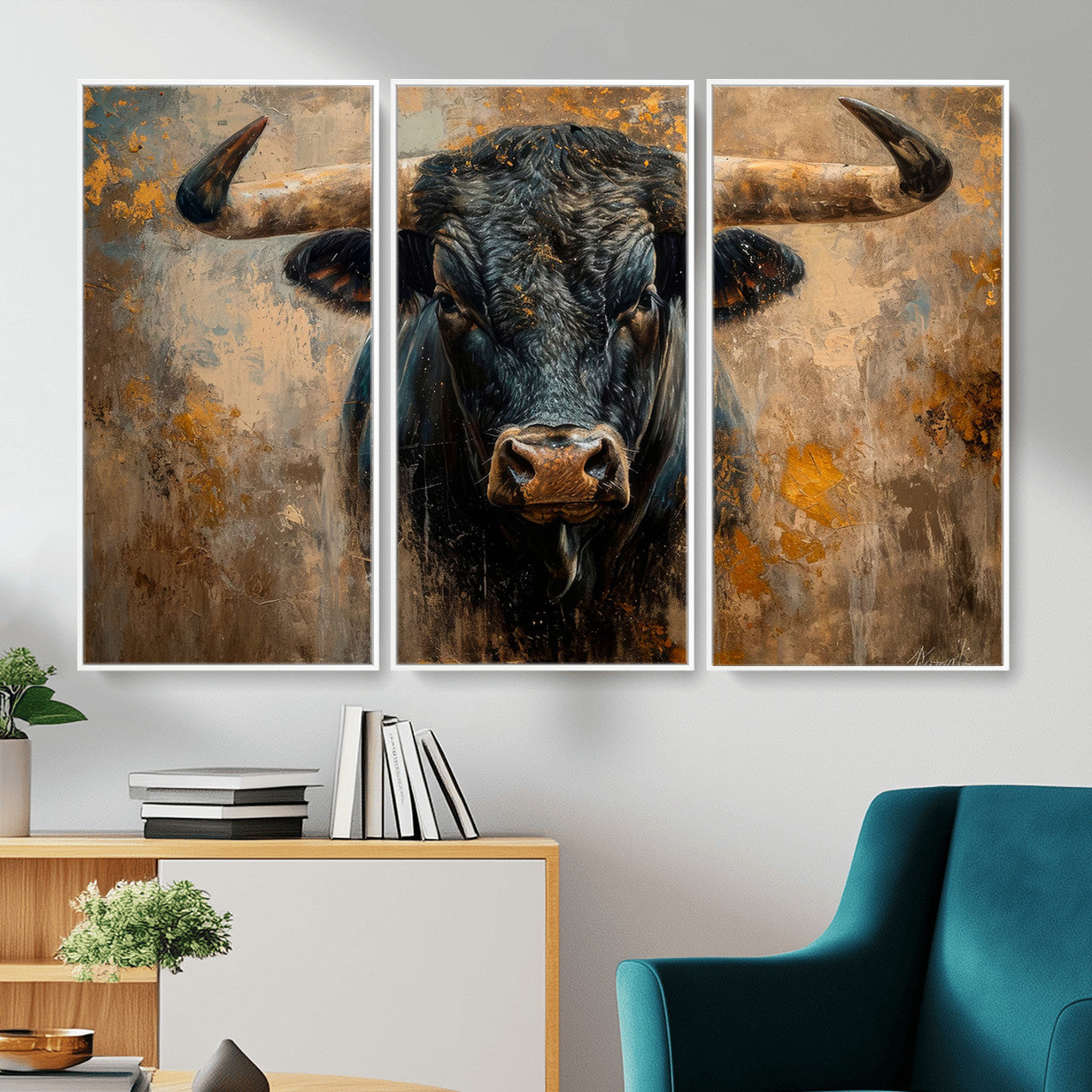 91615410-MGV-CV-36X24 - Abstract Texas Longhorn Bull Wall Art – Rustic Farmhouse Canvas Print, Western Cabin Style Decor, Large Animal Artwork for Living Room or Office