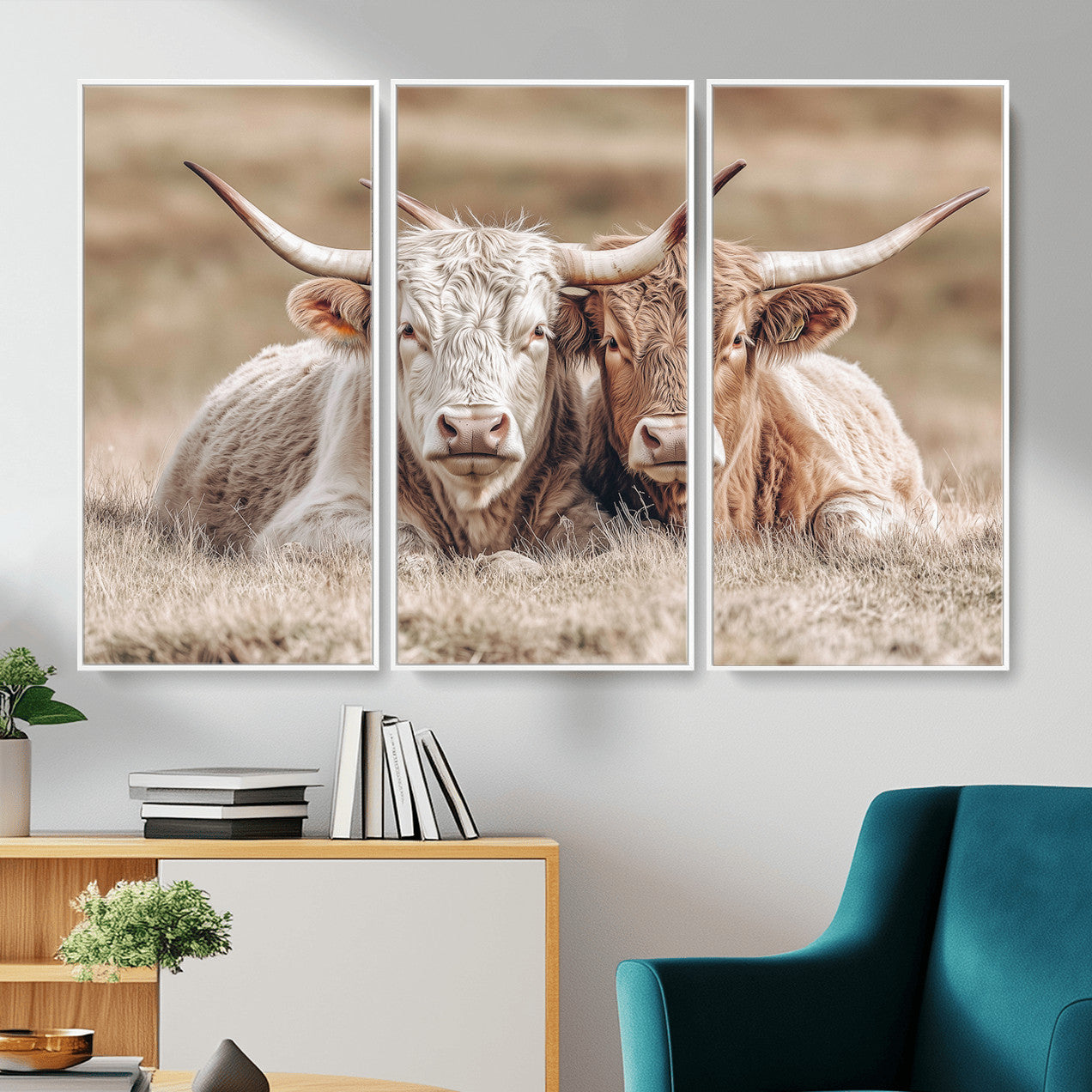 38651722-MGV-CV-36X24 - Highland Cows Meadow Canvas Wall Art – Peaceful Cow Photography Print, Rustic Farmhouse Animal Decor for Country Home, Living Room, Office