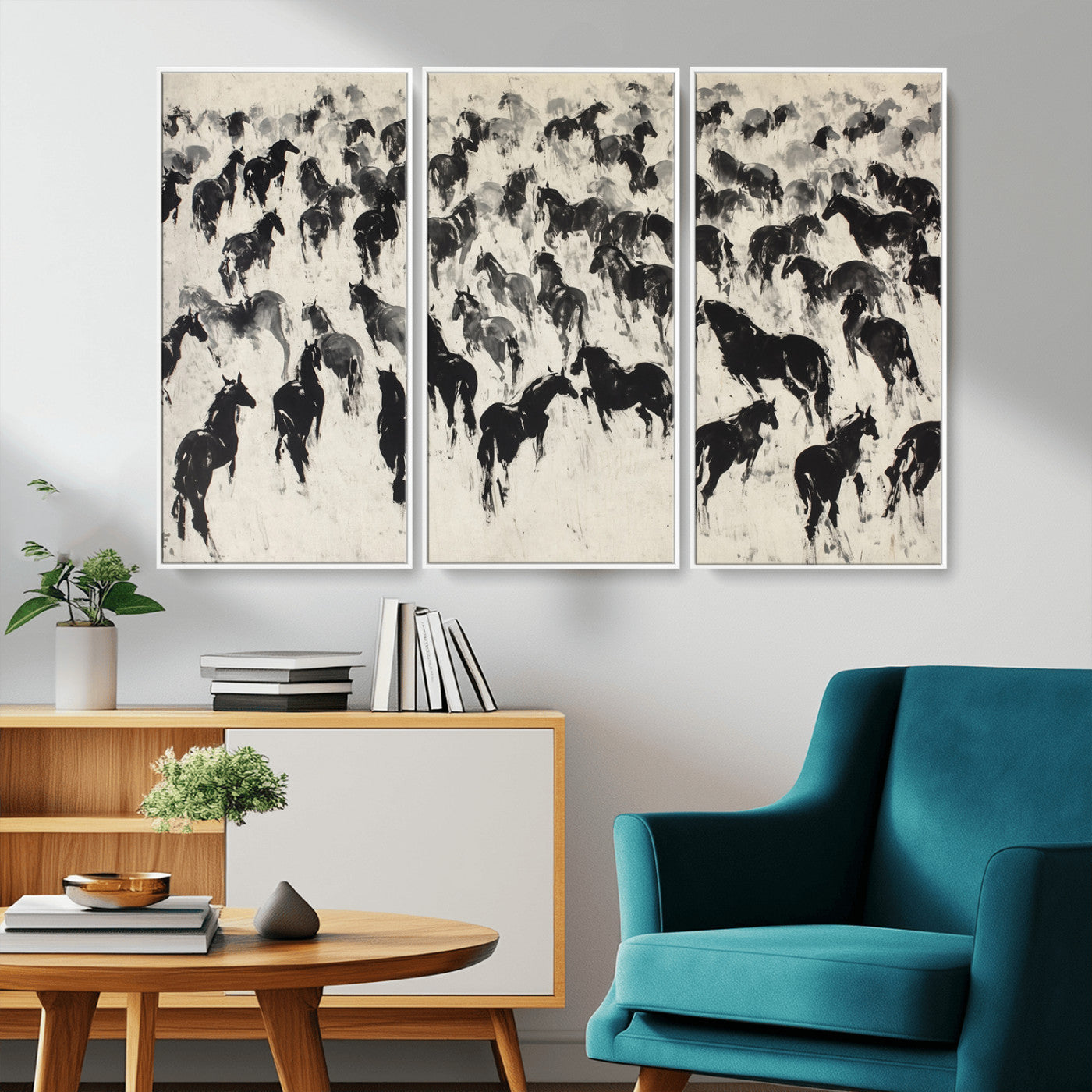 -Wild Horse Stampede Wall Art Canvas Print – Monochrome Running Horses Dynamic Motion Elegant Scene Artwork for Home, Office