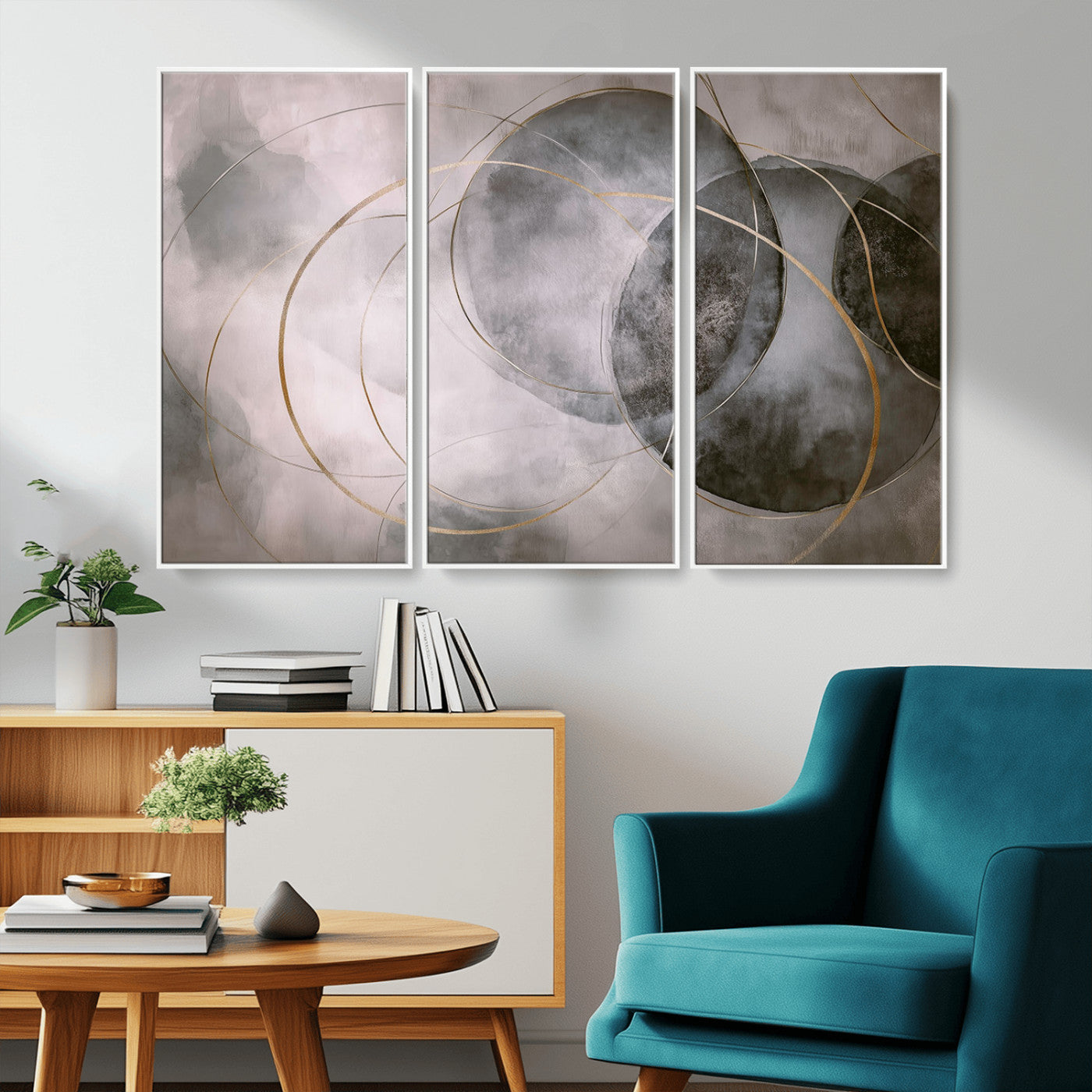 20066876-MGV-CV-36X24-Abstract Grey Gold Circle Wall Art – Modern Geometric Canvas Artwork, Minimal Elegant Design, Luxury Wall Decor for Home, Office