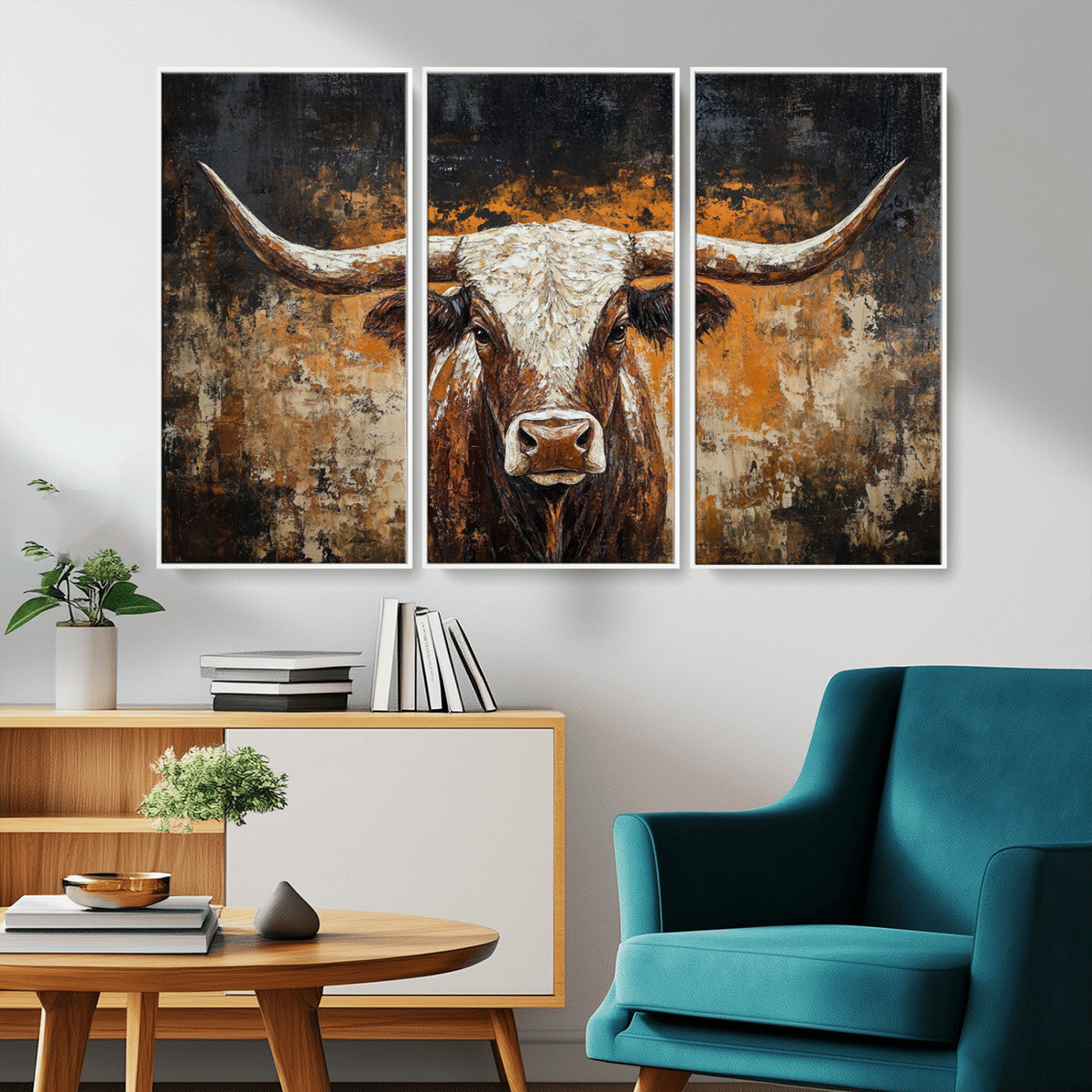 25265572-MGV-CV-36X24-Rustic Longhorn Bull Wall Art Canvas Print – Vintage Western Cattle Scene, Texas Steer Artwork for Home, Office