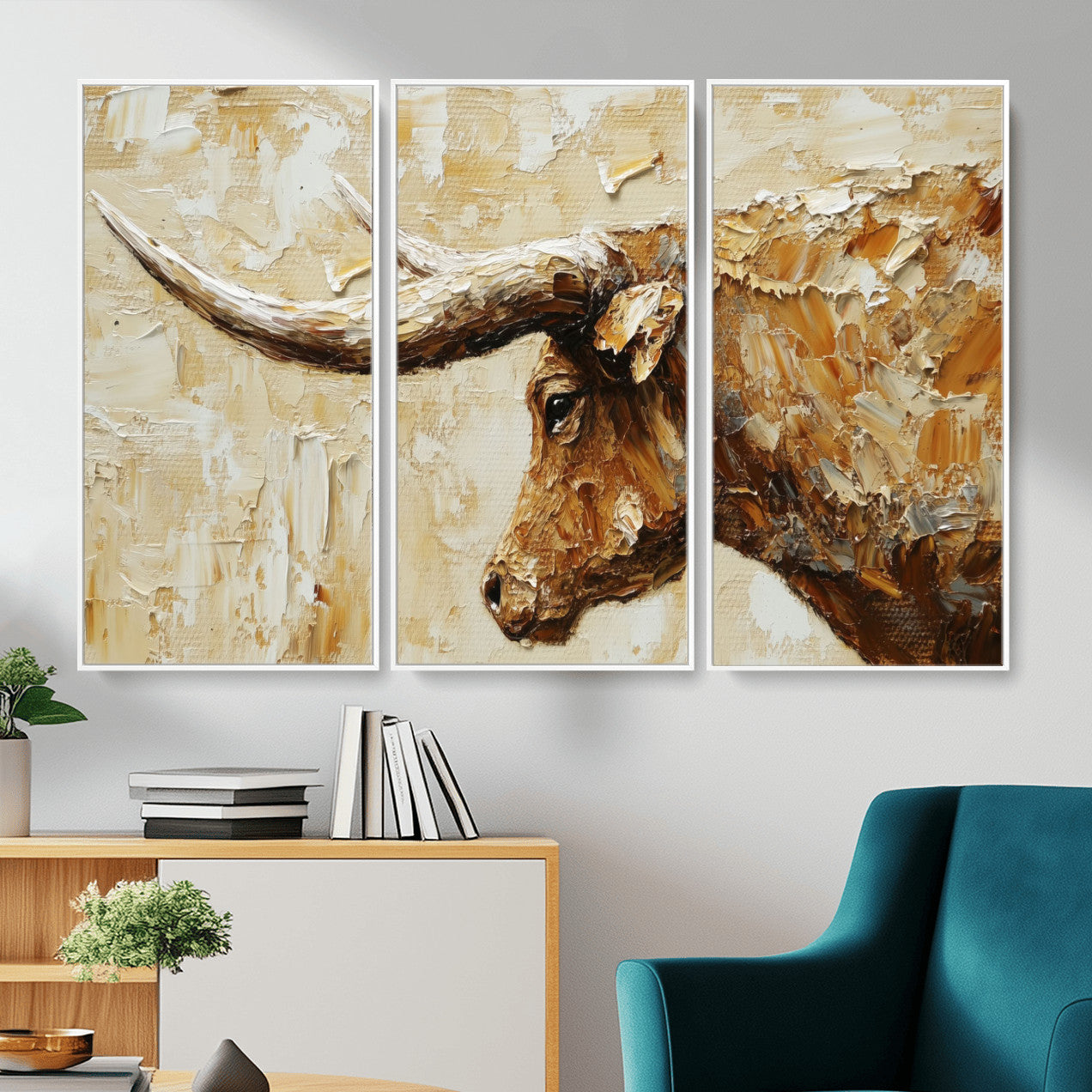 69611428-MGV-CV-36X24 - Rustic Longhorn Bull Wall Art Canvas Print – Vintage Western Cattle Painting, Texas Abstract Wall Cow Prints