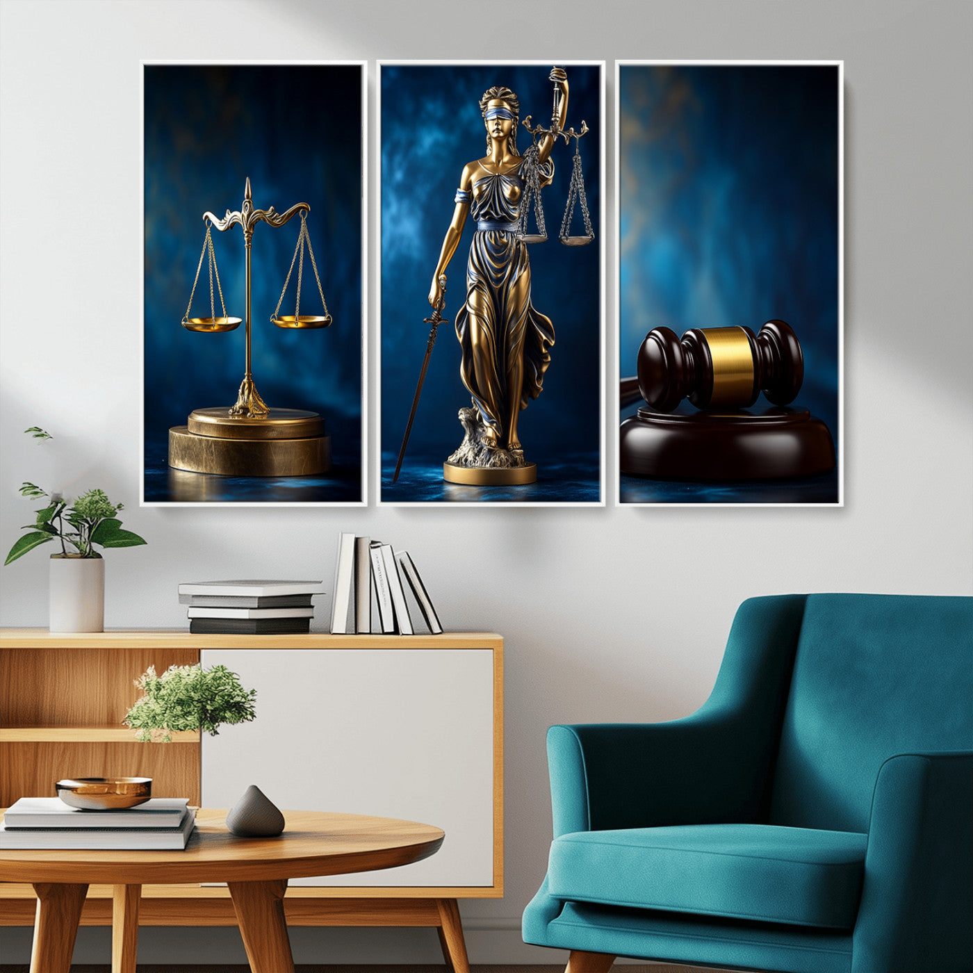 33888279-MGV-FP-36X24-3P_Walnut-Lady Justice Wall Art Canvas Print – Elegant Gold Legal Symbols Blue Background, Perfect for Law