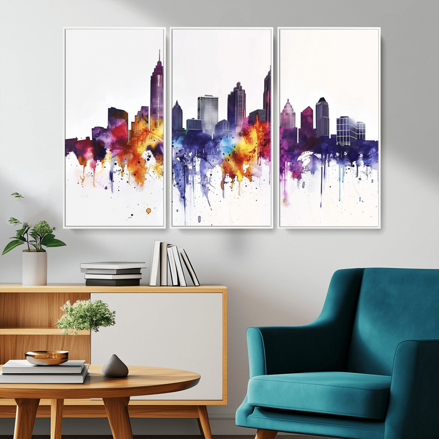 34479880-MGV-CV-36X24-Atlanta Skyline Wall Art Canvas Print – Framed Colorful Watercolor Cityscape Artwork for Home, Office, Living Room