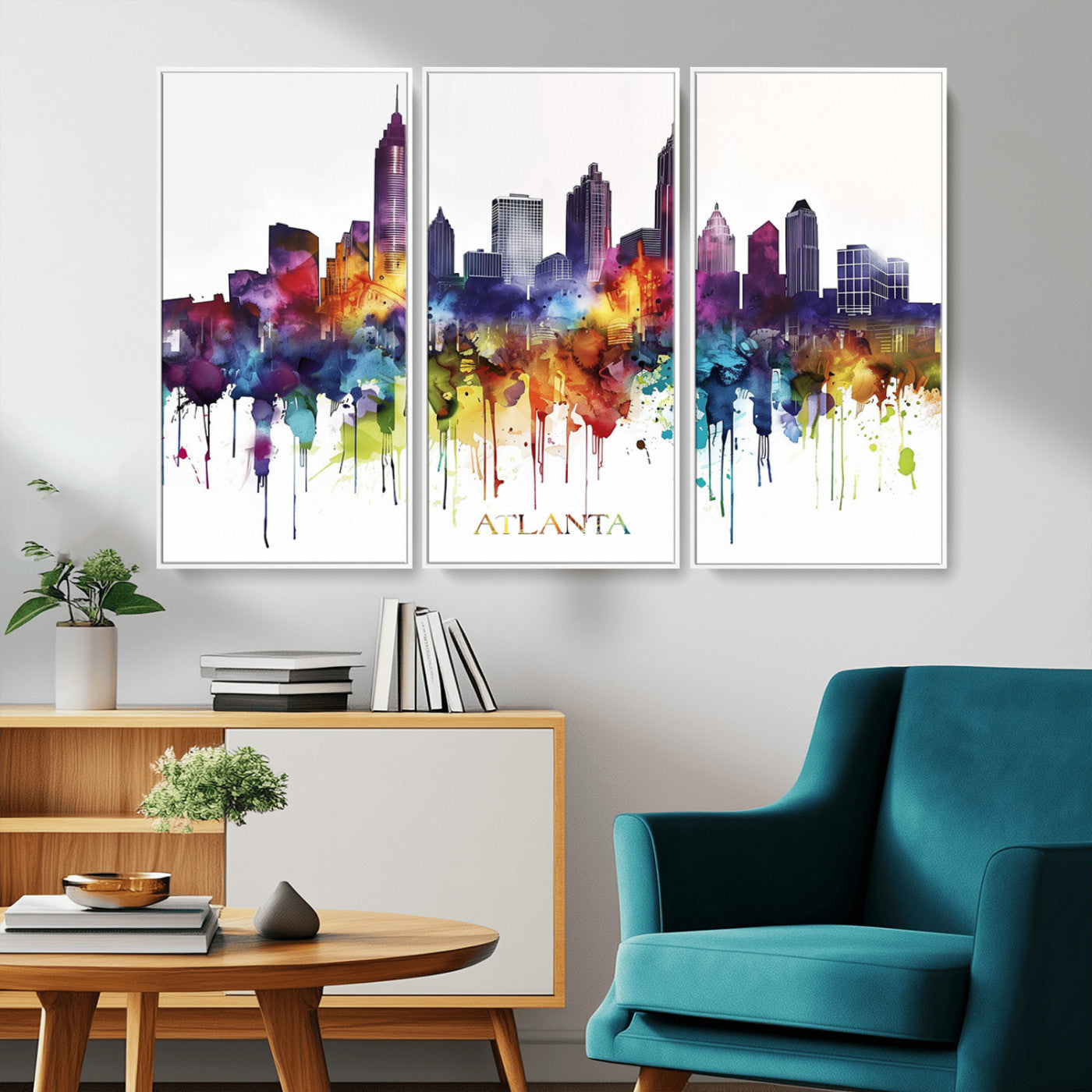 36048320-MGV-CV-36X24-Atlanta Skyline Wall Art Canvas Print – Framed Colorful Watercolor Cityscape Abstract Urban Artwork for Home, Office