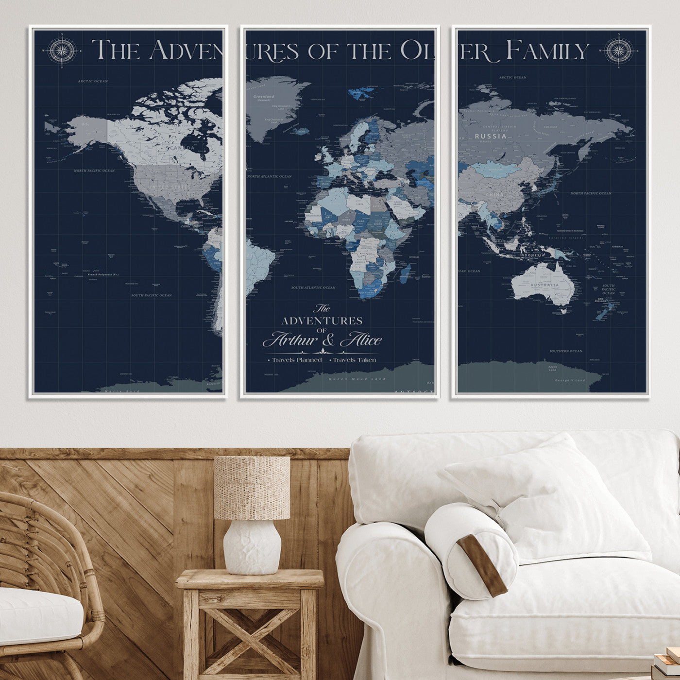 -Personalized Family Adventure World Map – Custom Framed Push Pin Travel Tracker Canvas, Elegant Wall Art for Home, Office