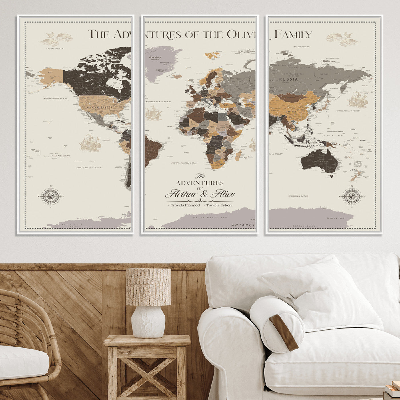 -Personalized Family Adventure World Map Canvas – Custom Framed Push Pin Travel Tracker, Wall Art Gift for Home, Office