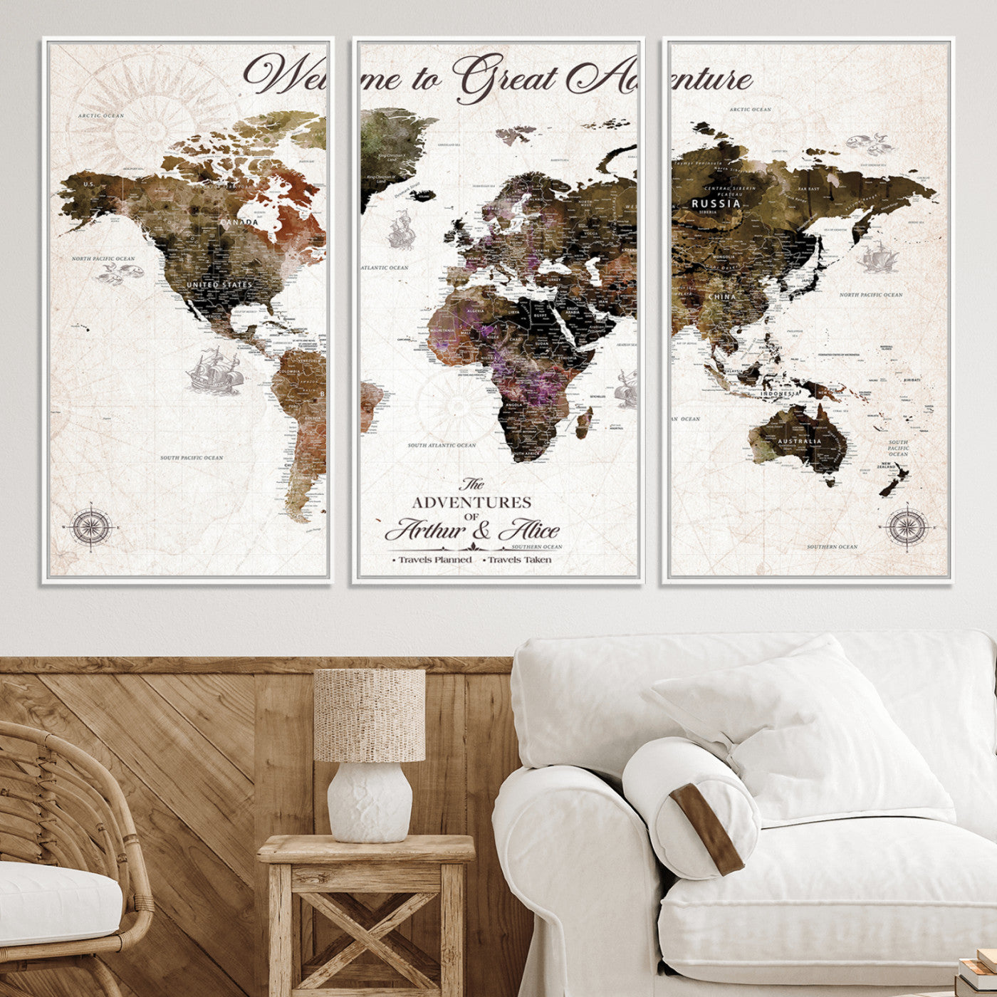 -Personalized World Map Canvas Custom Framed Push Pin Travel Tracker Vintage Adventure Wall Art Gift Couples Travelers Home, Office