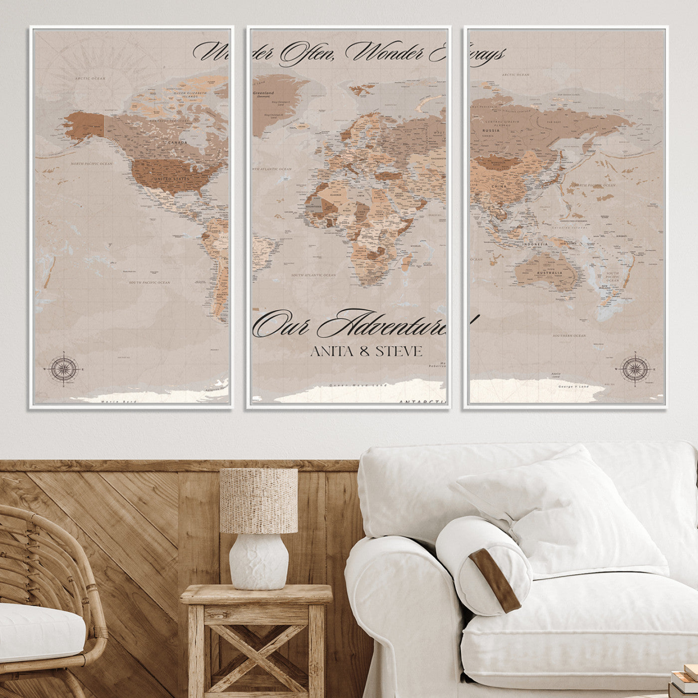 -Personalized World Map Canvas Custom Framed Push Pin Travel Tracker Elegant Neutral Wall Art Gift Couples Travelers for Home, Office