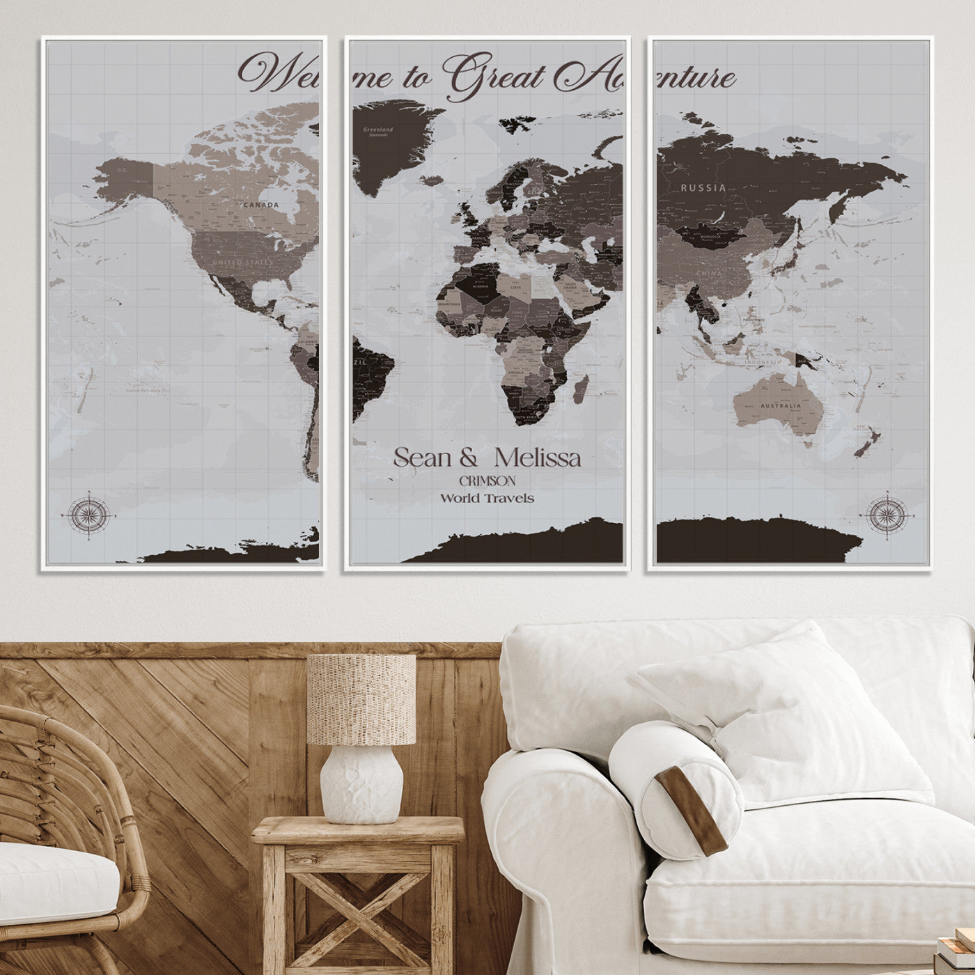 -Personalized Gray Brown World Map Canvas Custom Framed Push Pin Travel Tracker Modern Neutral Wall Art Gift Couples for Home, Office