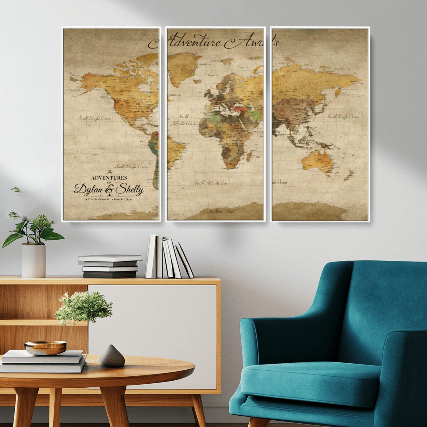 Rehber01-MGV-CV-36X24-Personalized World Map Canvas – Custom Framed Push Pin Travel Map Wall Art, Rustic Vintage Gift for Couples and Travel Lovers