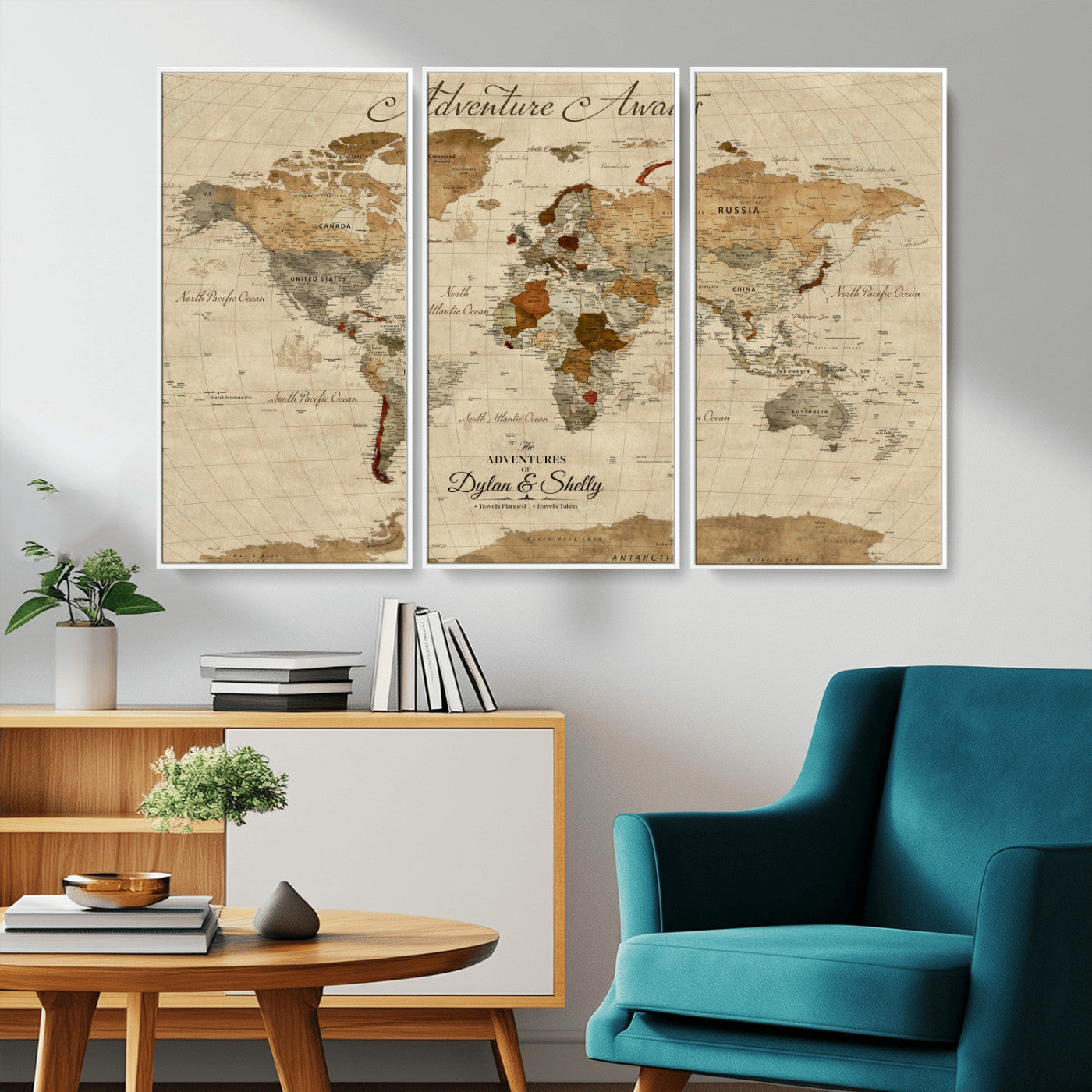 Rehber01-MGV-CV-36X24-Personalized World Map Canvas – Custom Framed Push Pin Travel Map Wall Art with Names, Vintage Style Gift for Couples