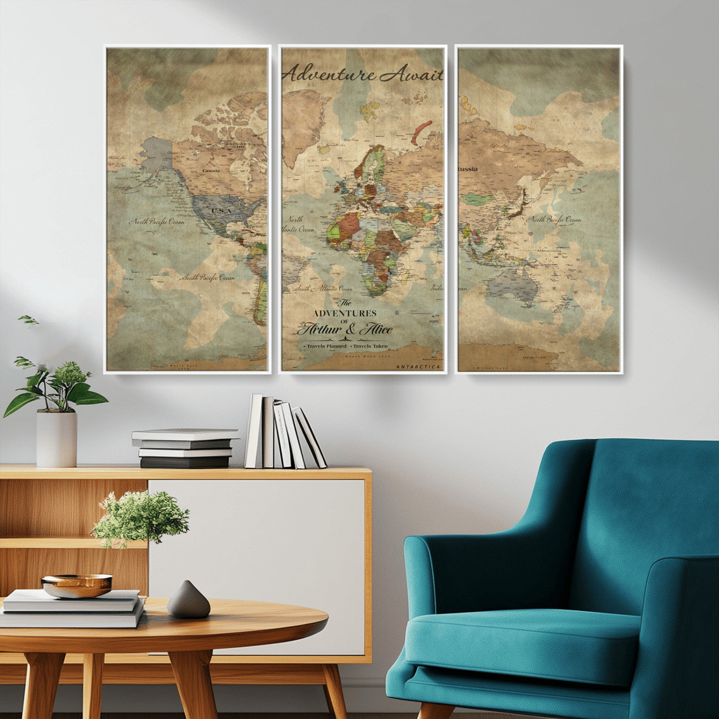 Rehber01-MGV-CV-36X24-Personalized Vintage World Map Canvas Print – Custom Push Pin Travel Map Antique Style Gift for Couples Travelers for Home Office