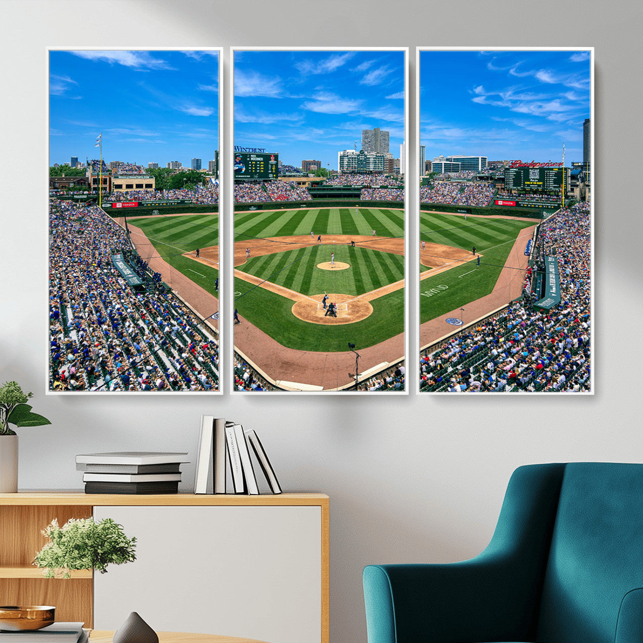 35800083-MGV-FC-48X32-3P - Wrigley Field Baseball Stadium Canvas Wall Art – Packed Crowd Sports Stadium City Skyline Artwork for Home Office