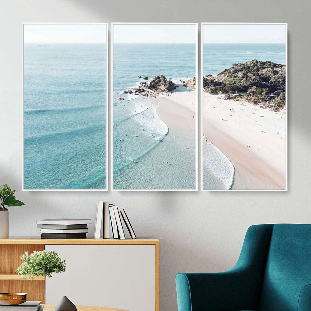 79395467-MGV-CV-36X24 - Aerial Beach Wall Art Canvas Print, Coastal Ocean Waves and Surfers Scenic Seaside Artwork for Home, Office Decor