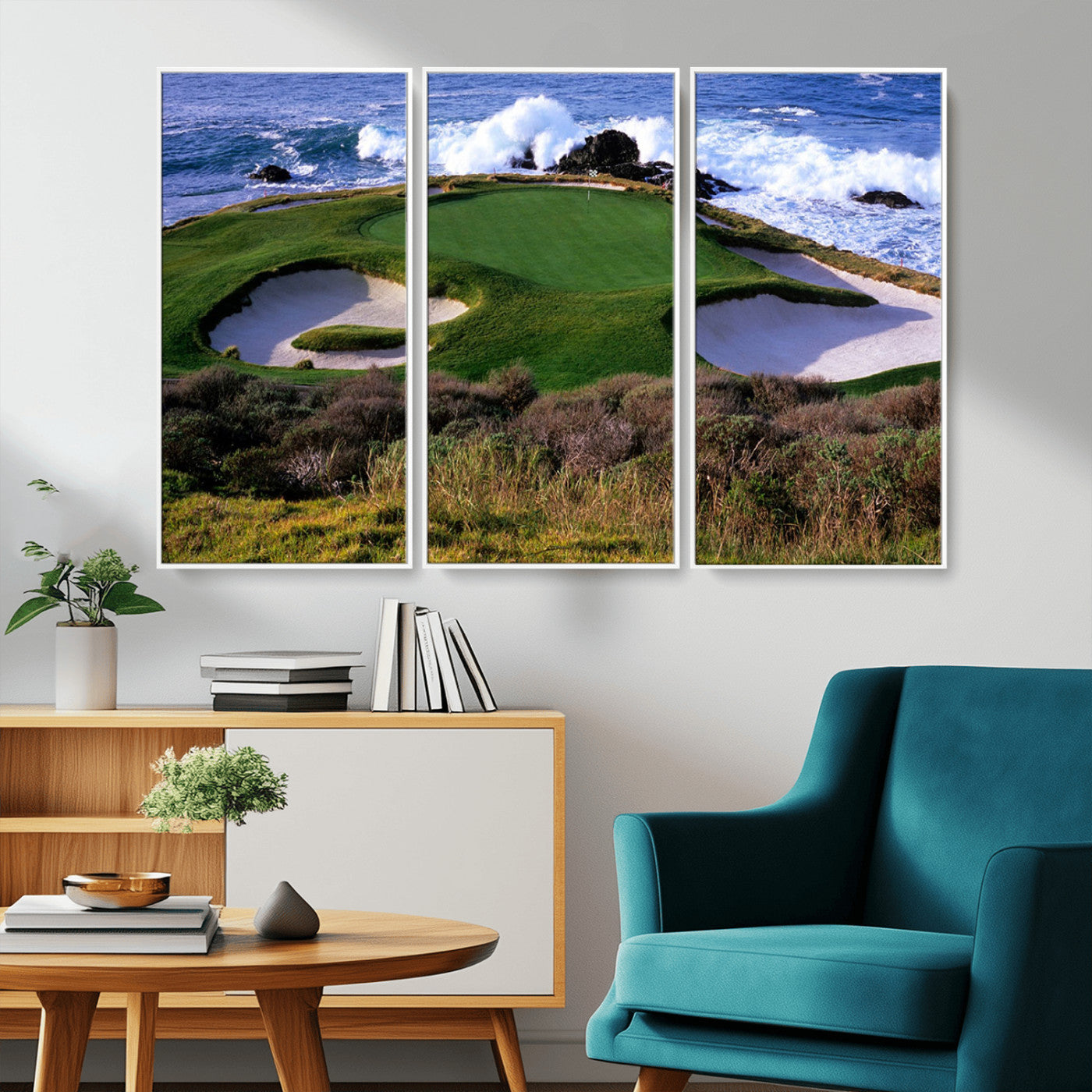 22776914-MGV-CV-36X24-Ocean Cliff Golf Green Canvas Print – Framed Majestic Coastal Scene with Lush Green Artwork for Home, Office