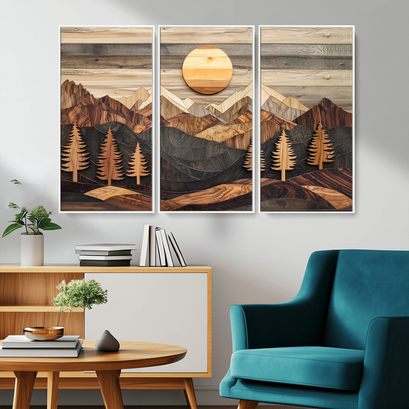 MGV-FC-48X32-3P - Wooden Mountain Layers Canvas Wall Art – Rustic Pine Tree Landscape with Sunlight Artistic Nature