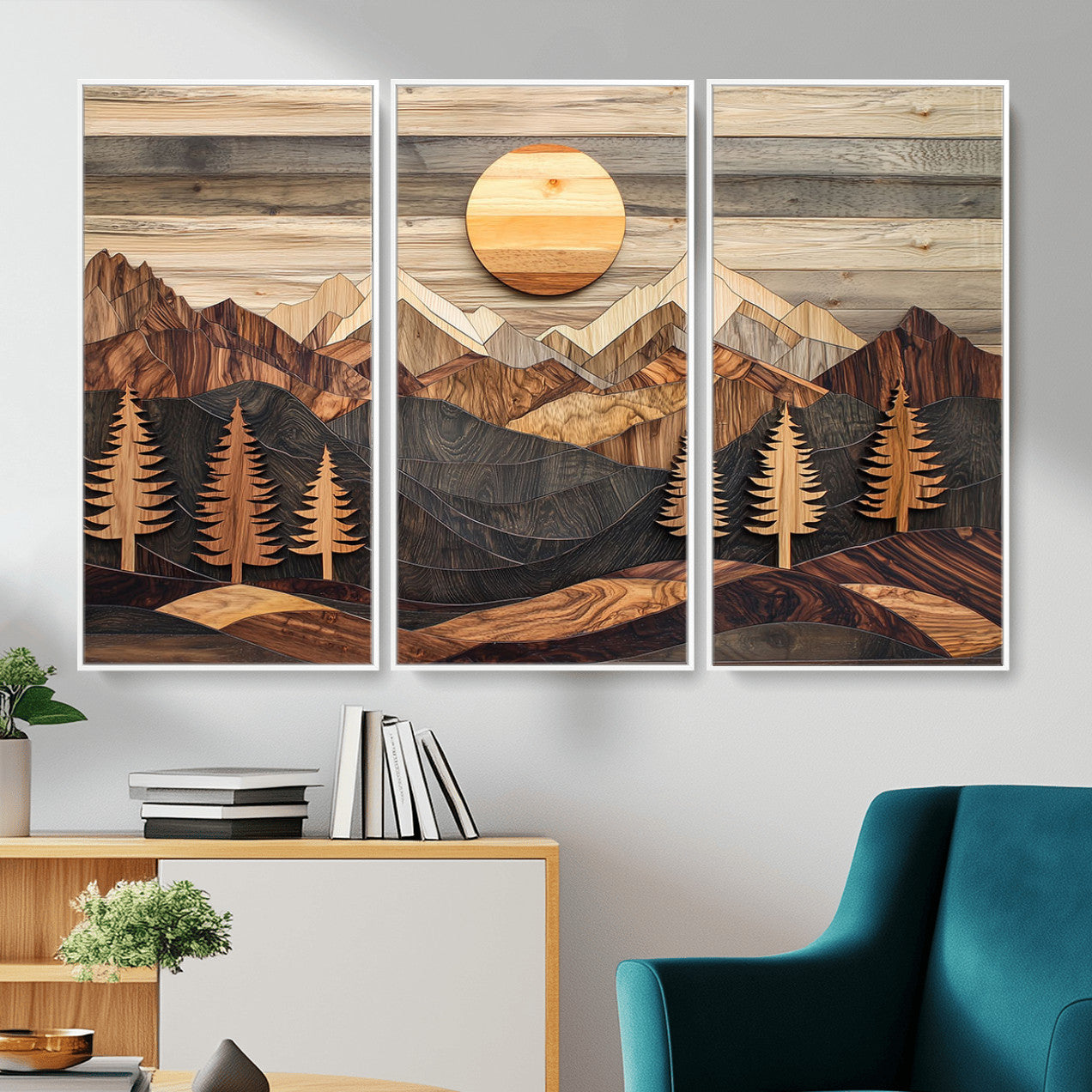19832326-MGV-FC-48X32-3P - Wooden Mountain Landscape Layered Texture Geometric Shapes Sun Pine Trees Rustic Natural Tones Art