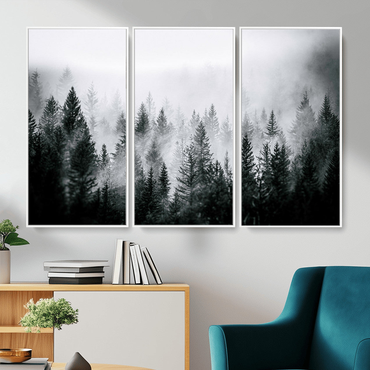 MGV-FC-48X32-3P - Foggy Pine Forest Canvas Wall Art, Horizontal Black and White Nature Landscape Print for Modern Home Decor