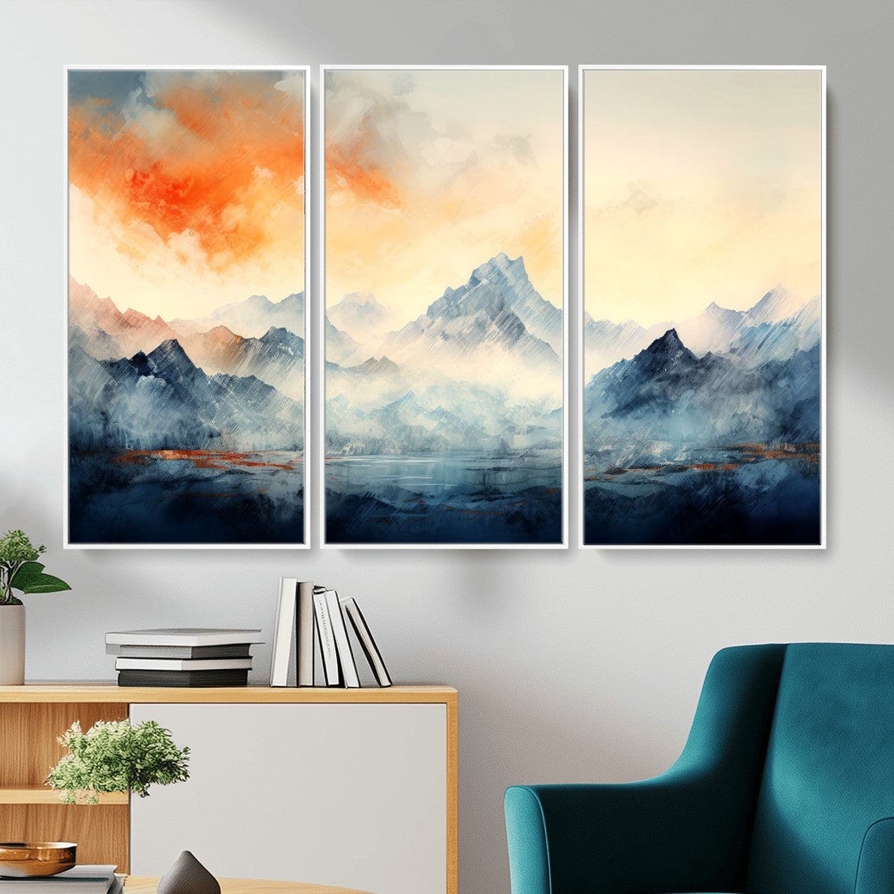 WRM1005-MGV-FC-48X32-3P - Warm Clouds Abstract Mountain Wall Art, Modern Landscape Canvas Print, Minimal Framed Artwork for Home, Office