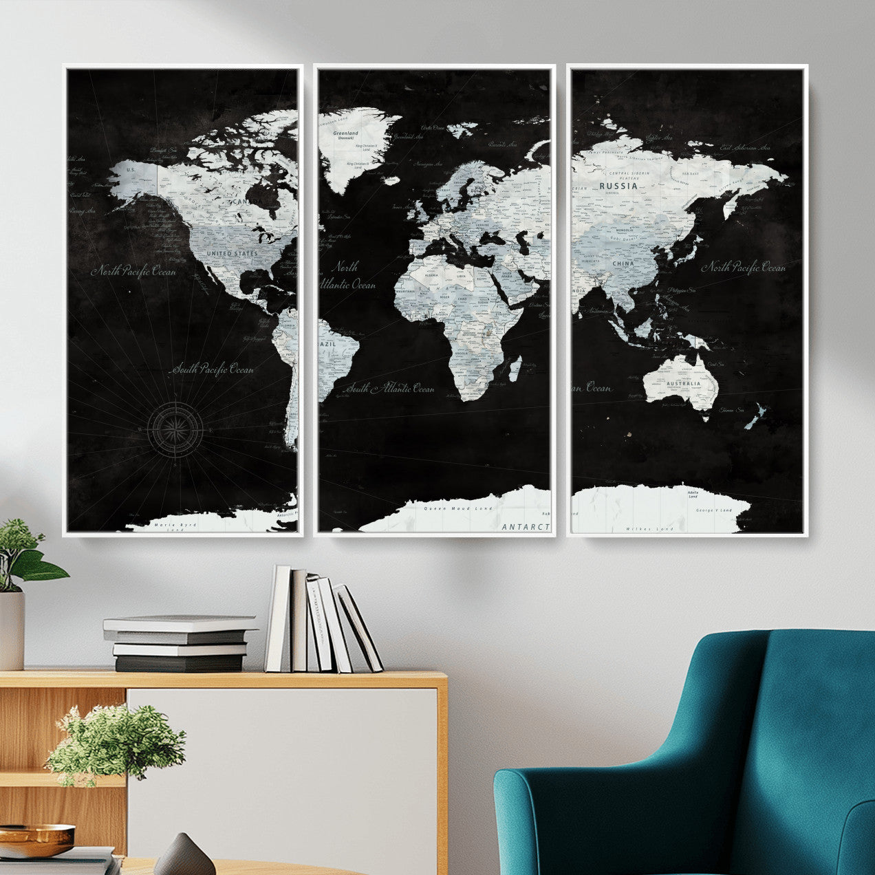 30759283-MGV-FC-48X32-3P - World Map Wall Art Canvas Print, Modern Decorative Framed Map Artwork Prints for Living Room, Office, Bedroom Wall Decor
