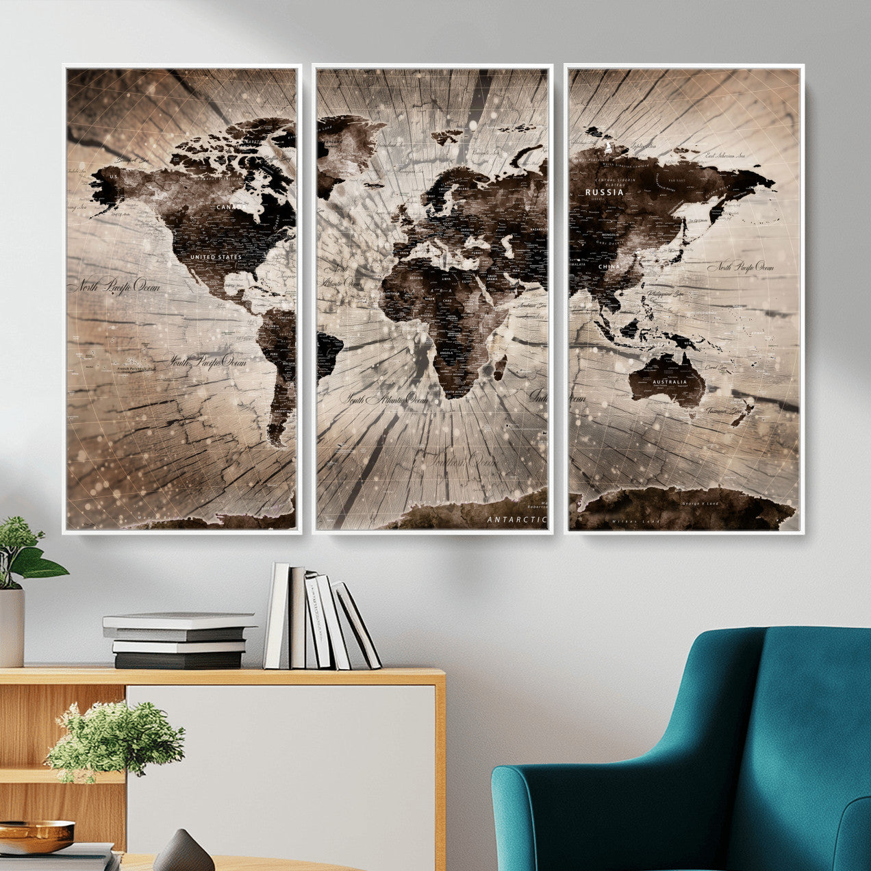 35326624-MGV-FC-48X32-3P - World Map Wall Art Canvas Print, Modern Decorative Framed Map Artwork Prints for Living Room, Office, Bedroom Wall Decor